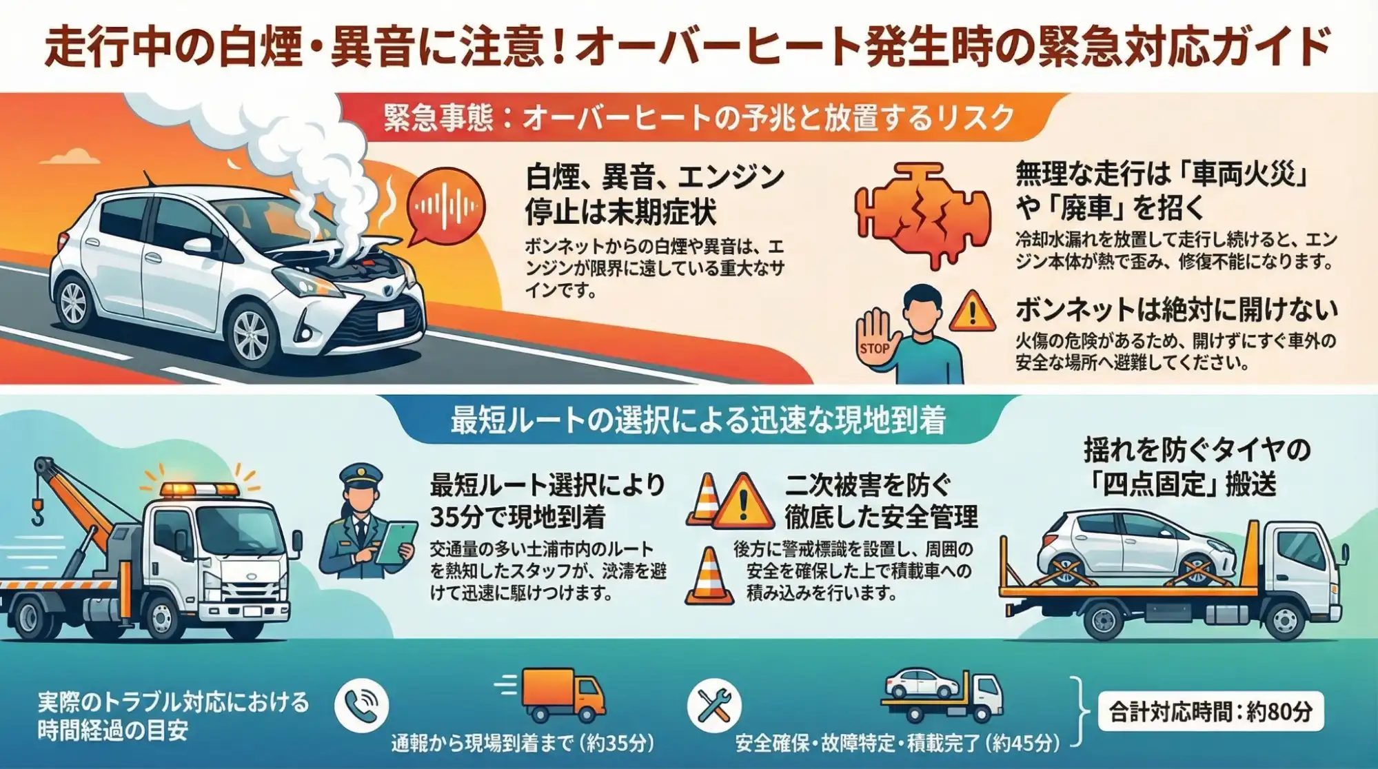 【茨城県土浦市真鍋】走行中に突然の異音と白煙。オーバーヒートで走行不能なヴィッツをレッカー搬送