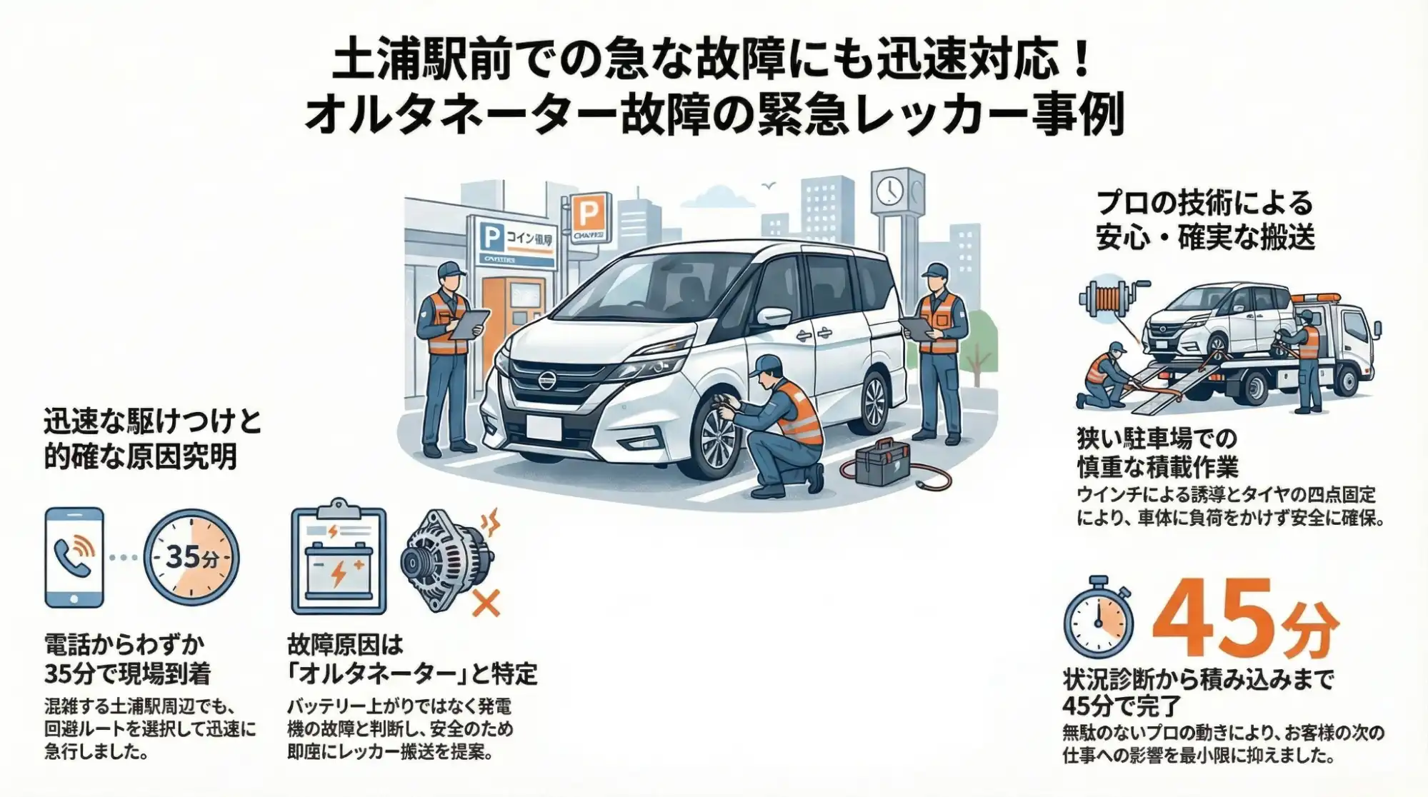 【茨城県土浦市有明町】駅前の駐車場で突然の不動。電気系統トラブルのセレナを修理工場へ緊急搬送