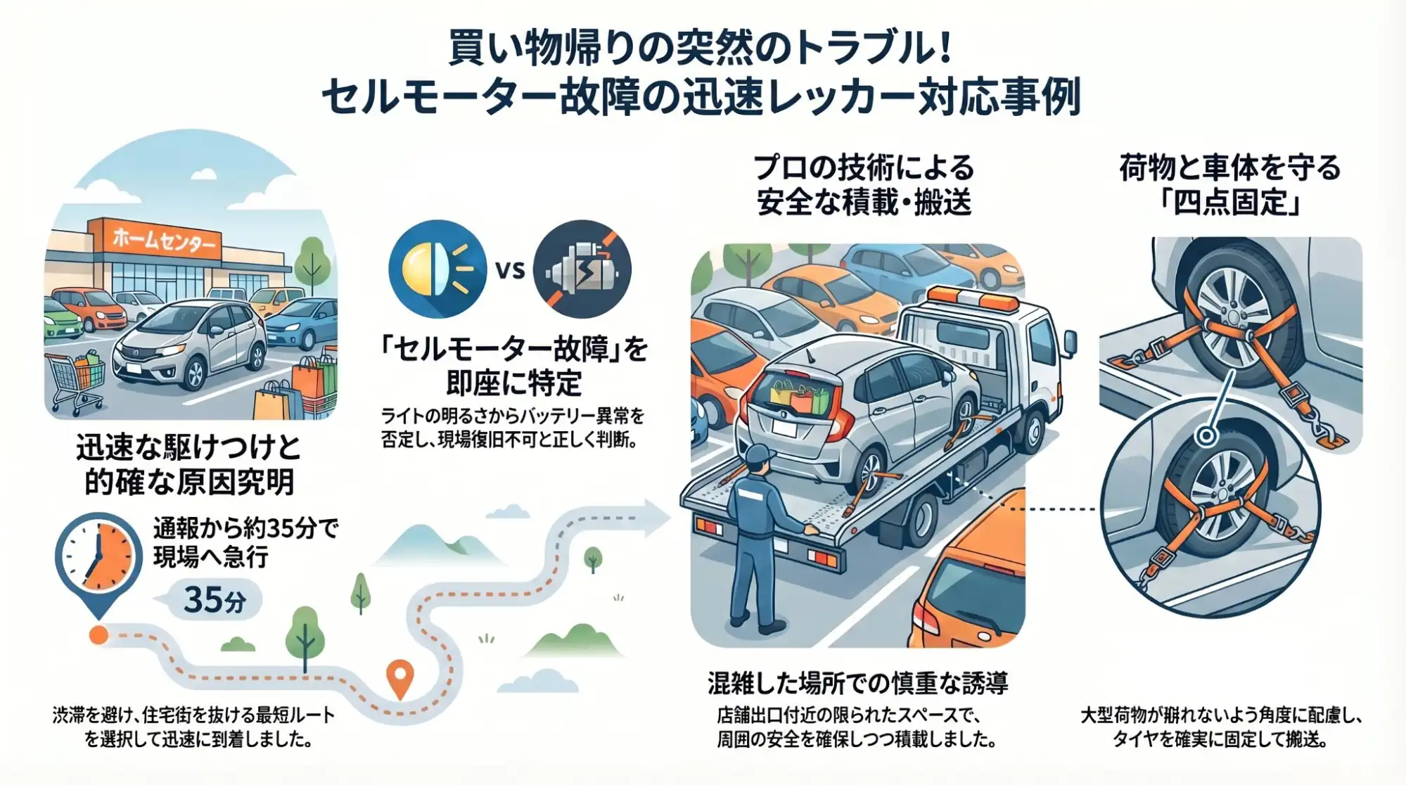 【茨城県取手市白山】ホームセンターで買い物後にエンジン始動不能。セルモーター故障のフィットを緊急レッカー