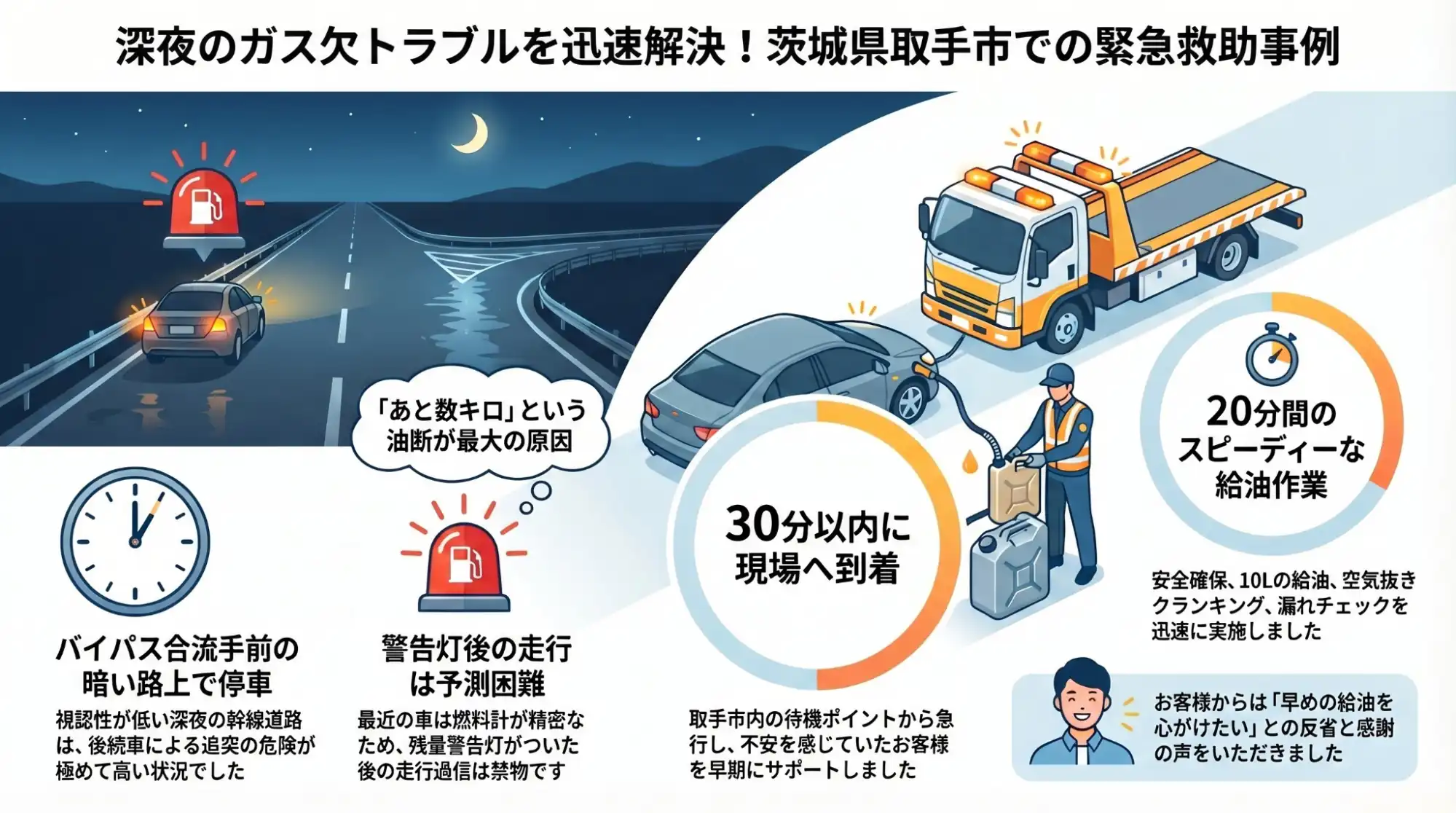 【茨城県取手市戸頭】深夜のバイパス合流手前でエンジン停止。ガス欠のデミオを緊急給油で救助