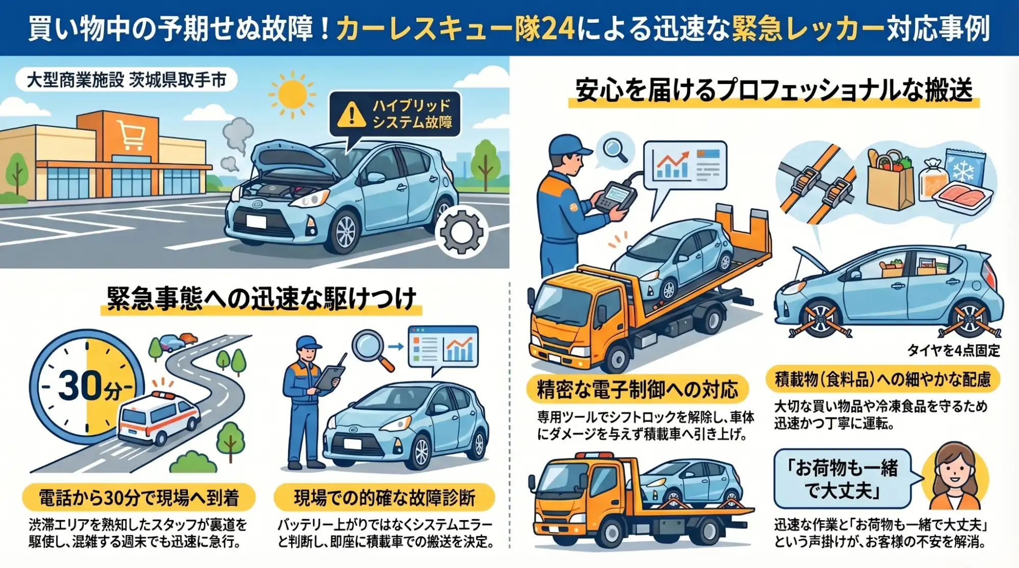 【茨城県取手市桑原】大型商業施設で突然のシステムエラー。自走不能なアクアを修理工場へ緊急レッカー搬送