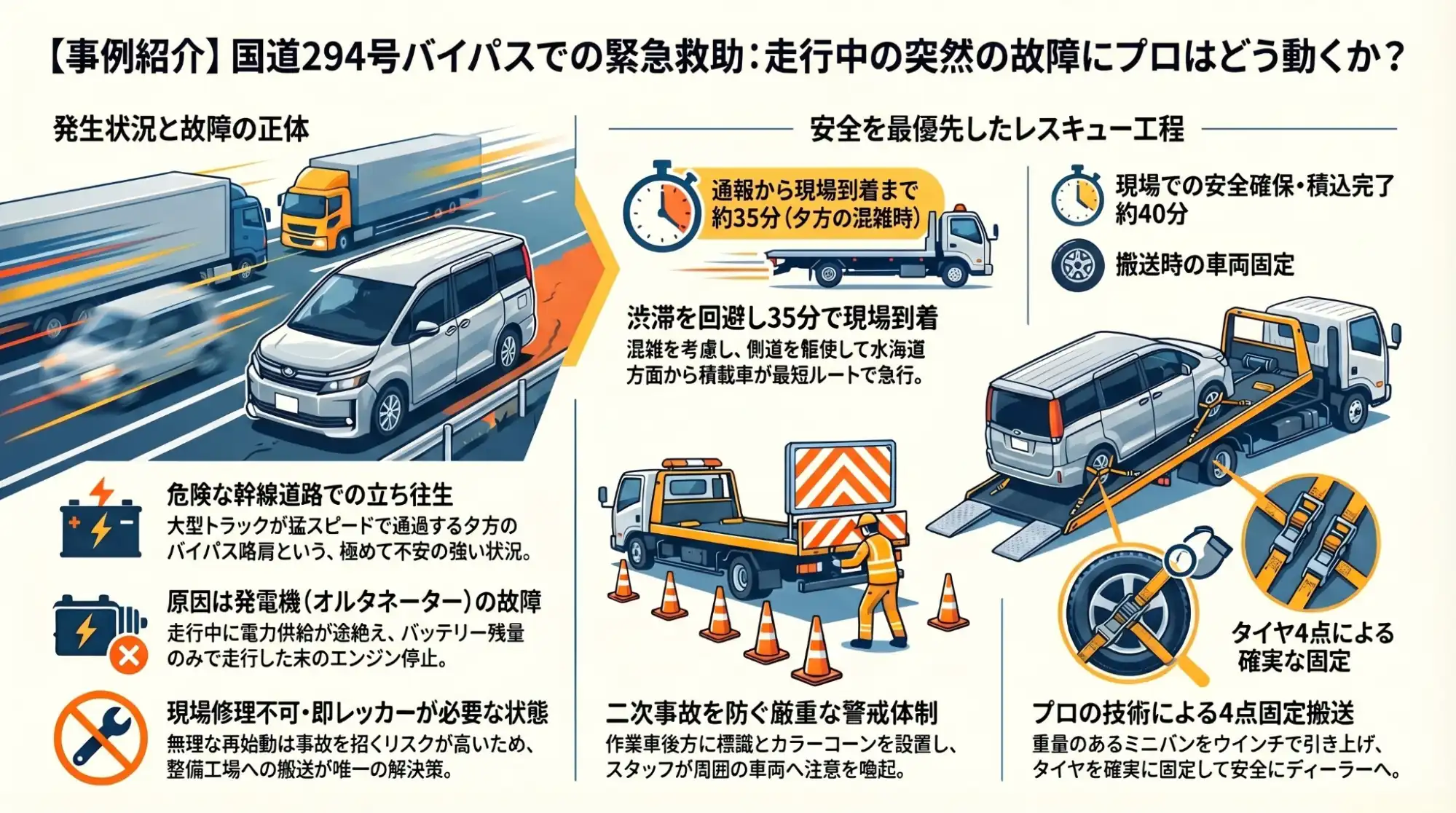【茨城県常総市中妻町】国道294号バイパスで走行中に失速。発電機故障のヴォクシーを安全にレッカー搬送