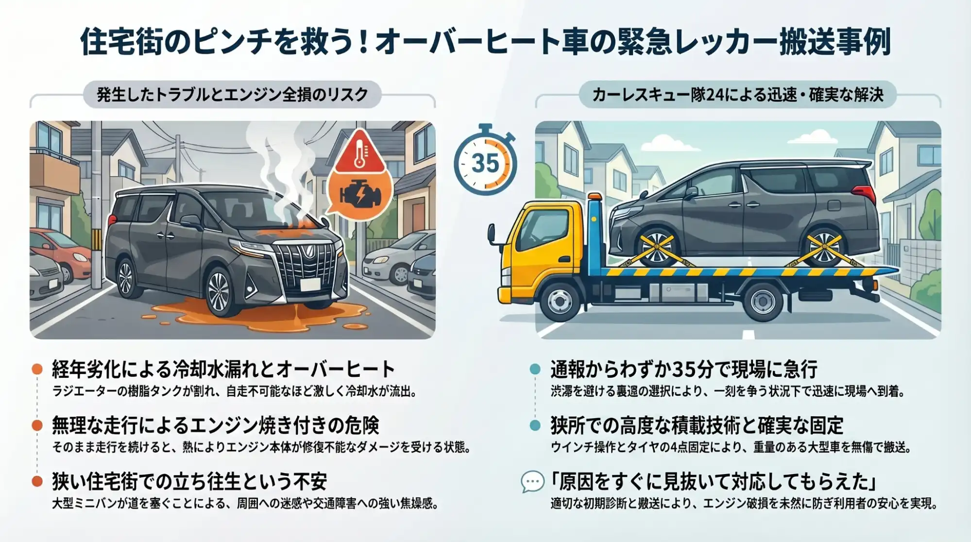 【茨城県常総市水海道天満町】住宅街で冷却水漏れによる自走不能。エンジン保護のためアルファードを緊急レッカー搬送