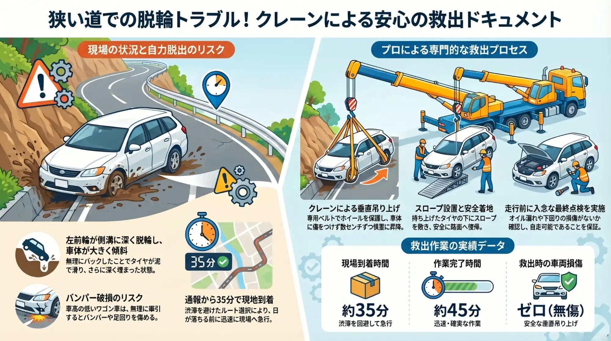 【茨城県常総市三坂町】鬼怒川沿いの狭路で離合失敗。側溝に脱輪したカローラフィールダーをクレーン救出