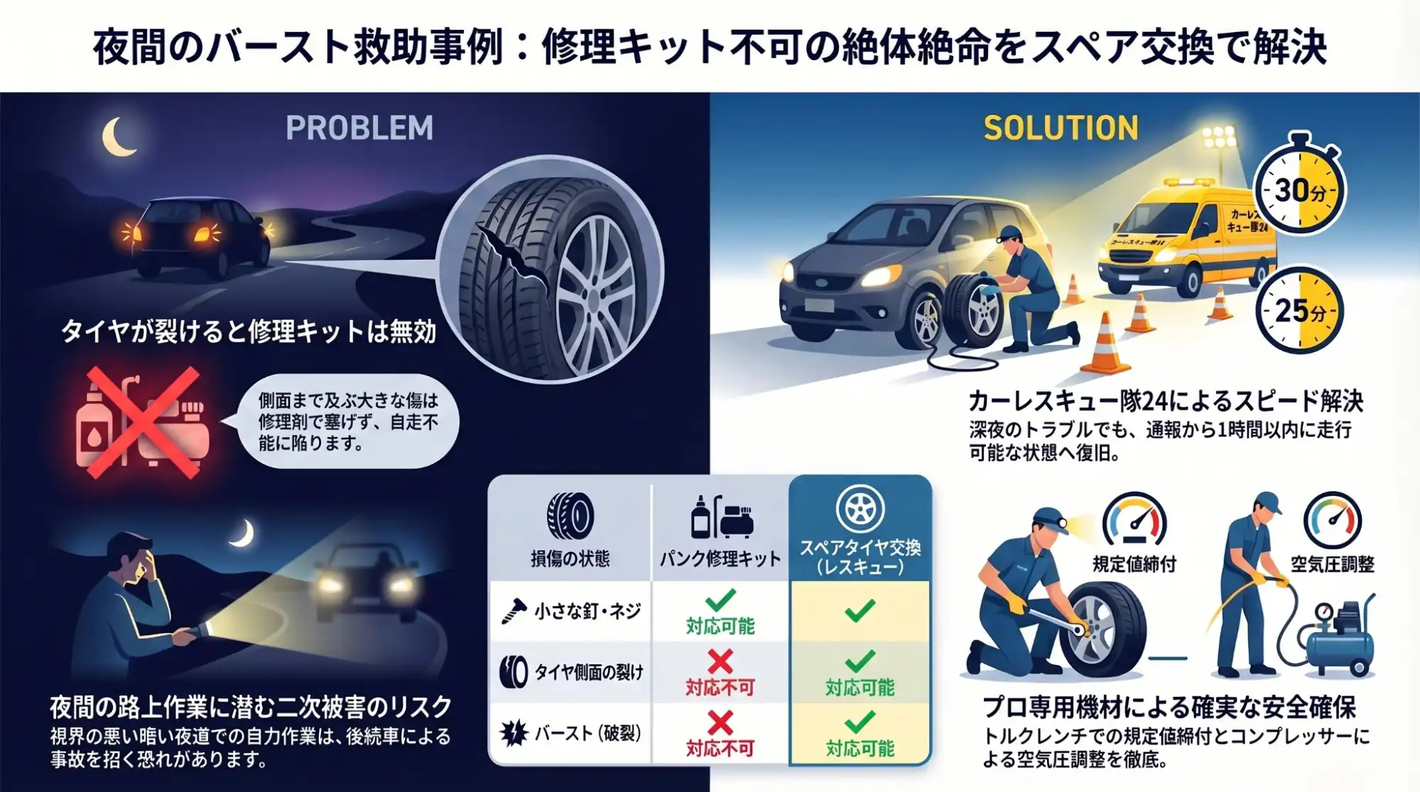 【茨城県龍ケ崎市松ケ崎】夜道で金属片を踏みバースト。修理キット不可の重症パンクをスペア交換で救助