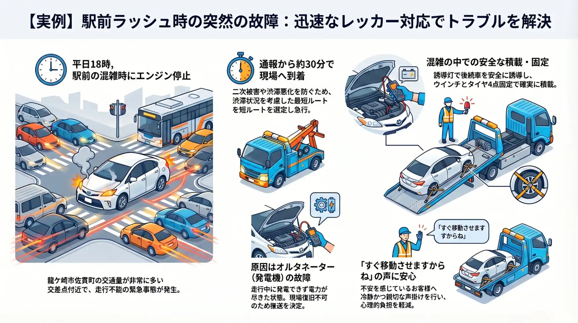 【茨城県龍ケ崎市佐貫町】帰宅ラッシュの駅前で突然のエンジン停止。発電機故障の車を緊急レッカー搬送