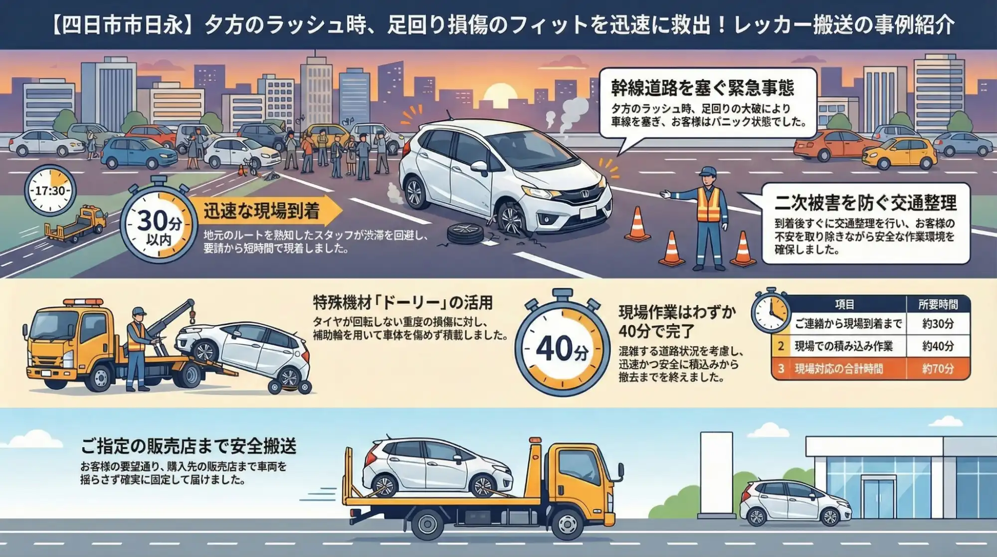 【三重県四日市市日永】夕方のラッシュ時に足回りを損傷…自走不能なフィットを迅速にレッカー搬送