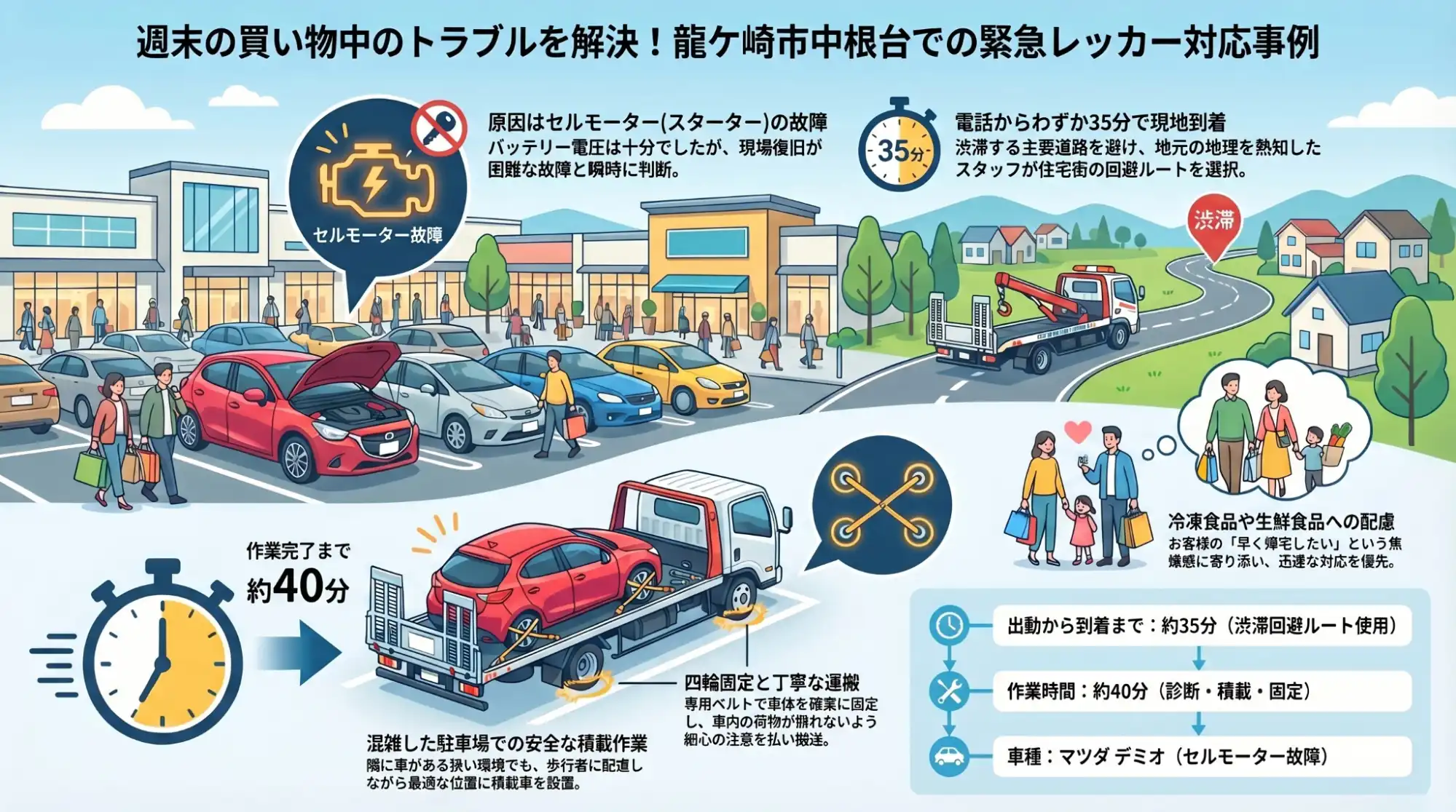 【茨城県龍ケ崎市中根台】週末の買い物帰りに沈黙。始動不能のデミオを混雑する駐車場から緊急搬送