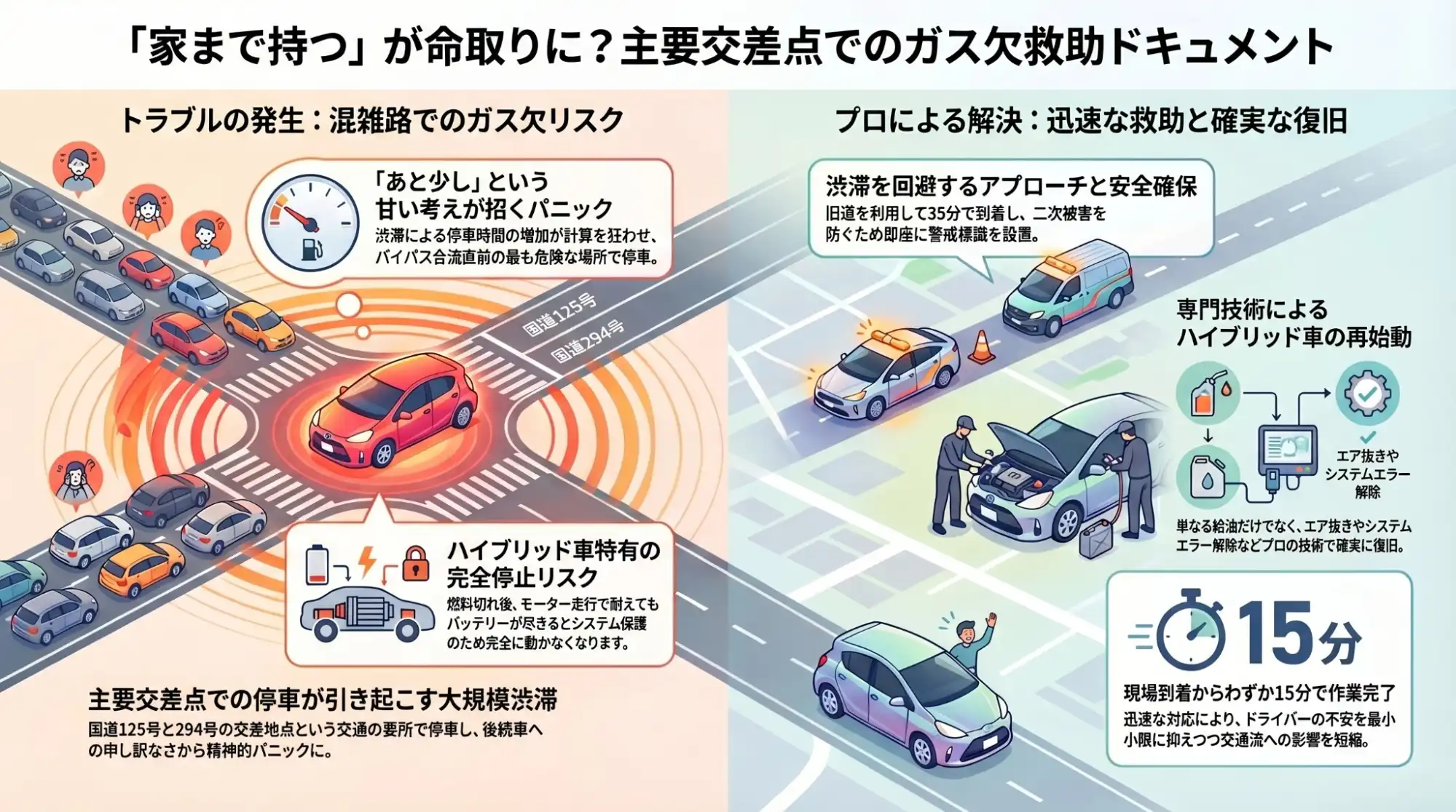 【茨城県下妻市下木戸】バイパスへの合流直前で力尽き停車。燃料切れ（ガス欠）のアクアを緊急給油で救助