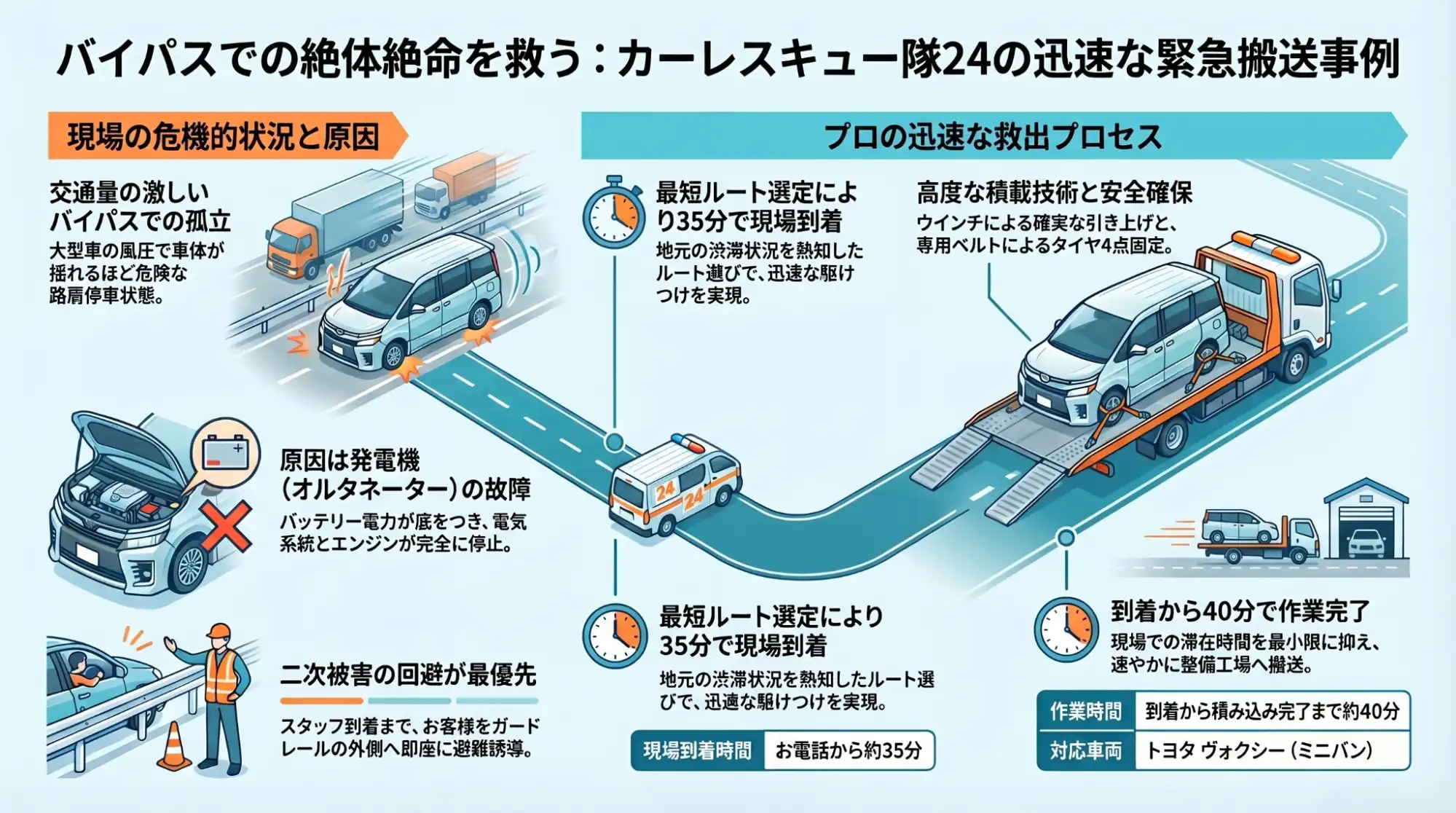 【茨城県下妻市堀篭】バイパス上で沈黙。発電機トラブルのヴォクシーを二次被害前にスピード搬送