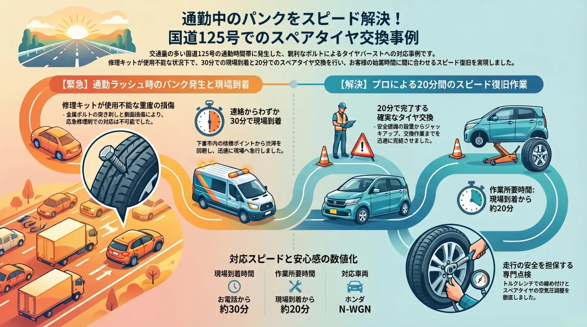【茨城県下妻市高道祖】通勤時間帯の国道125号で不意のパンク。鋭利な異物によるバーストをスペア交換でスピード救出