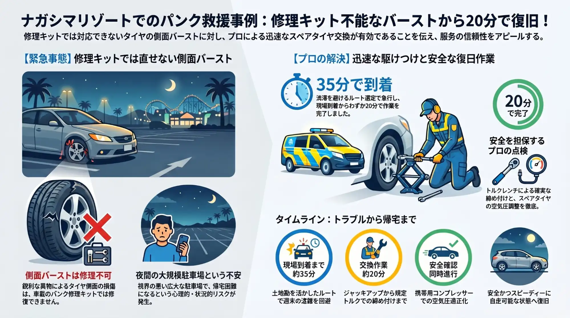 【三重県桑名市長島町】ナガシマリゾート駐車場で不意のパンク。鋭利な異物によるバーストをスペア交換で救出