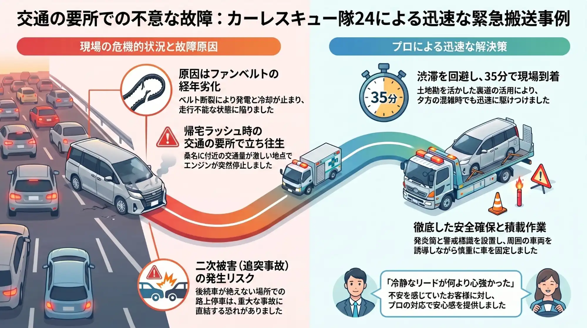 【三重県桑名市西別所】バイパス合流地点で不意のエンジン停止。自走不能なノアを二次被害防止のため緊急搬送