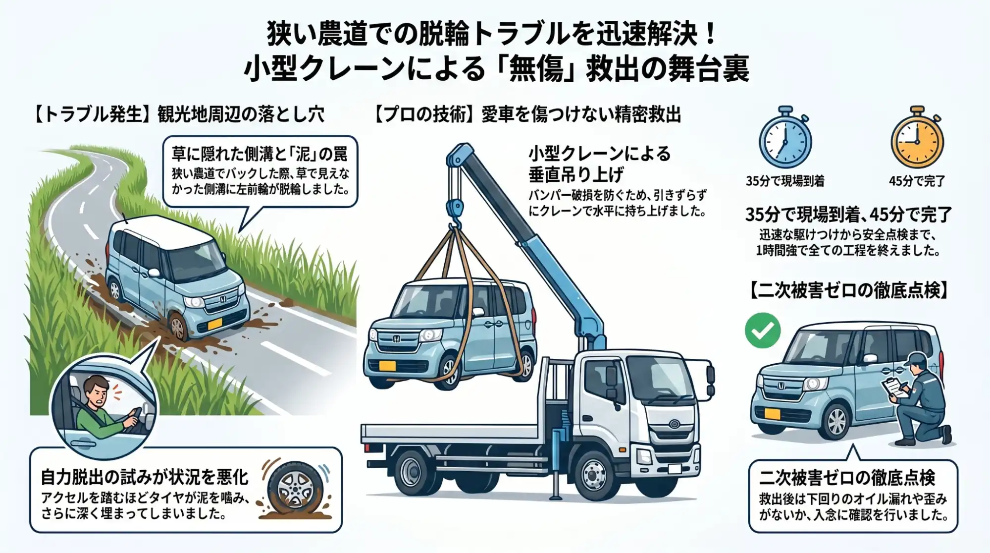 【三重県桑名市多度町】多度大社近くの狭い農道で離合に失敗。脱輪したN-BOXをクレーンで無傷救出