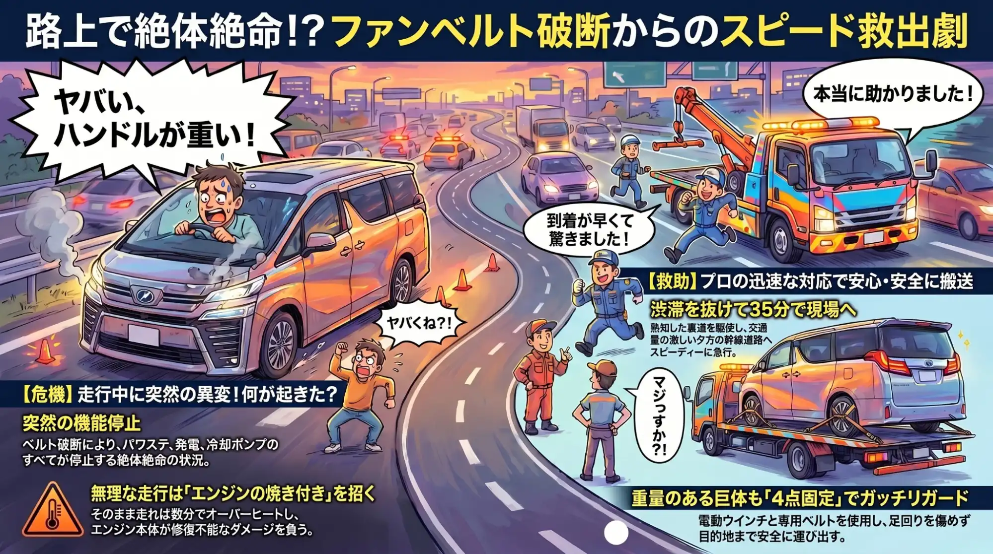 【三重県鈴鹿市住吉】サーキット道路で巨体が沈黙。ベルト破断のヴェルファイアを致命的な故障前に救出