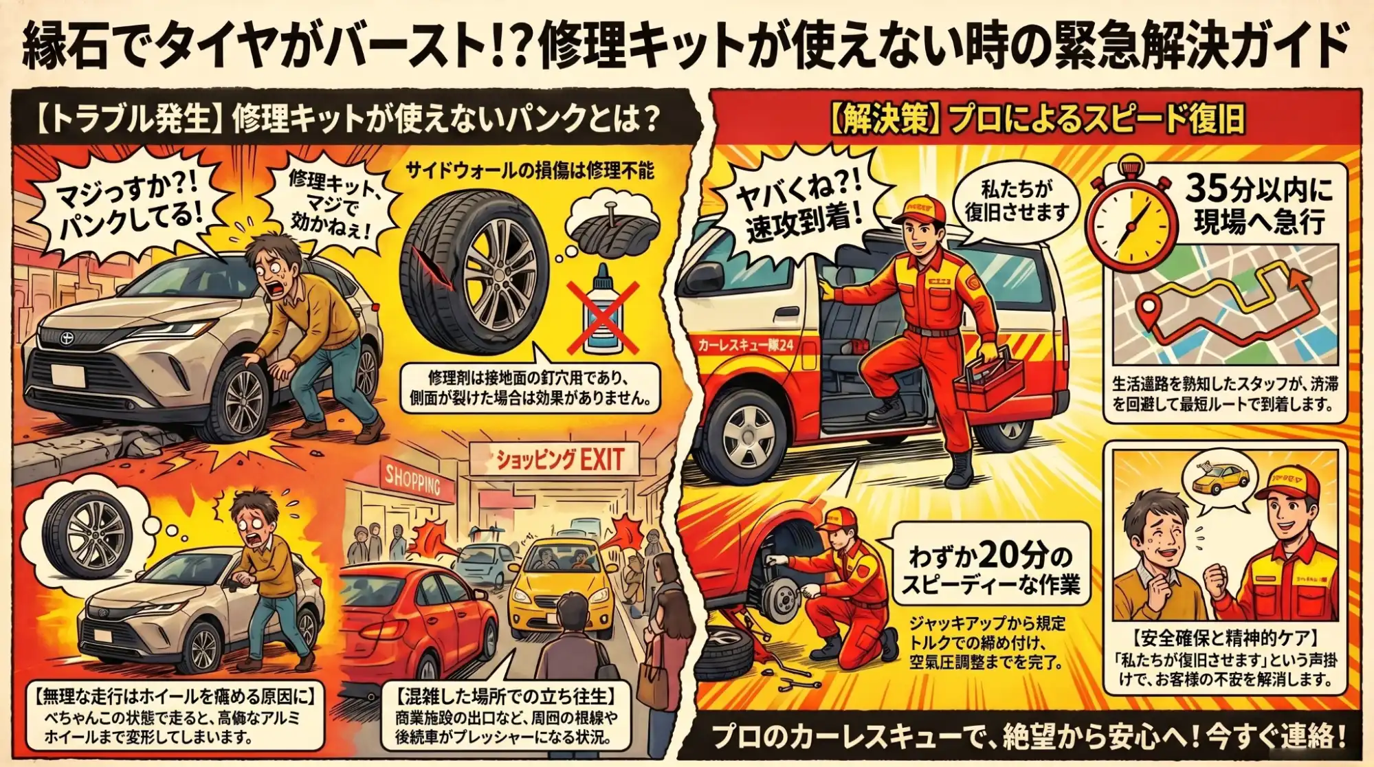 【三重県鈴鹿市道伯】タイヤ側面を縁石でカット…修理剤が使えないパンクをスペア交換でスピード解決