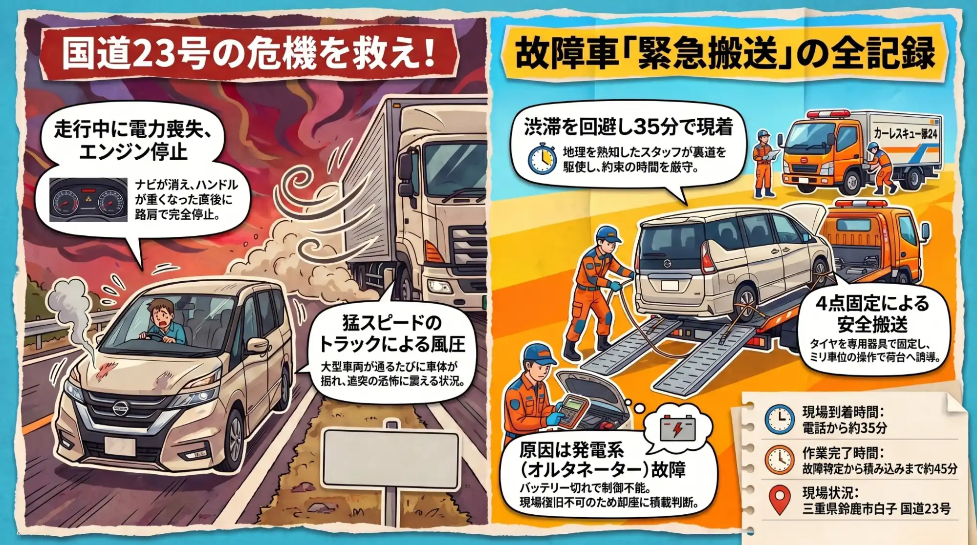 【三重県鈴鹿市白子】国道23号の激しい流れの中でエンジン停止。発電系故障のセレナを安全圏へ緊急搬送