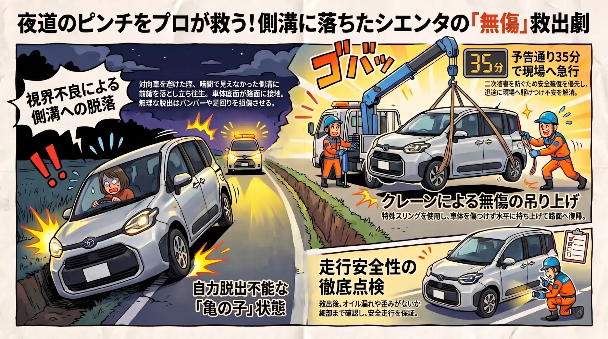 【三重県鈴鹿市算所】夜の視界不良で側溝へ…「浮いた」シエンタをクレーンで無傷救出