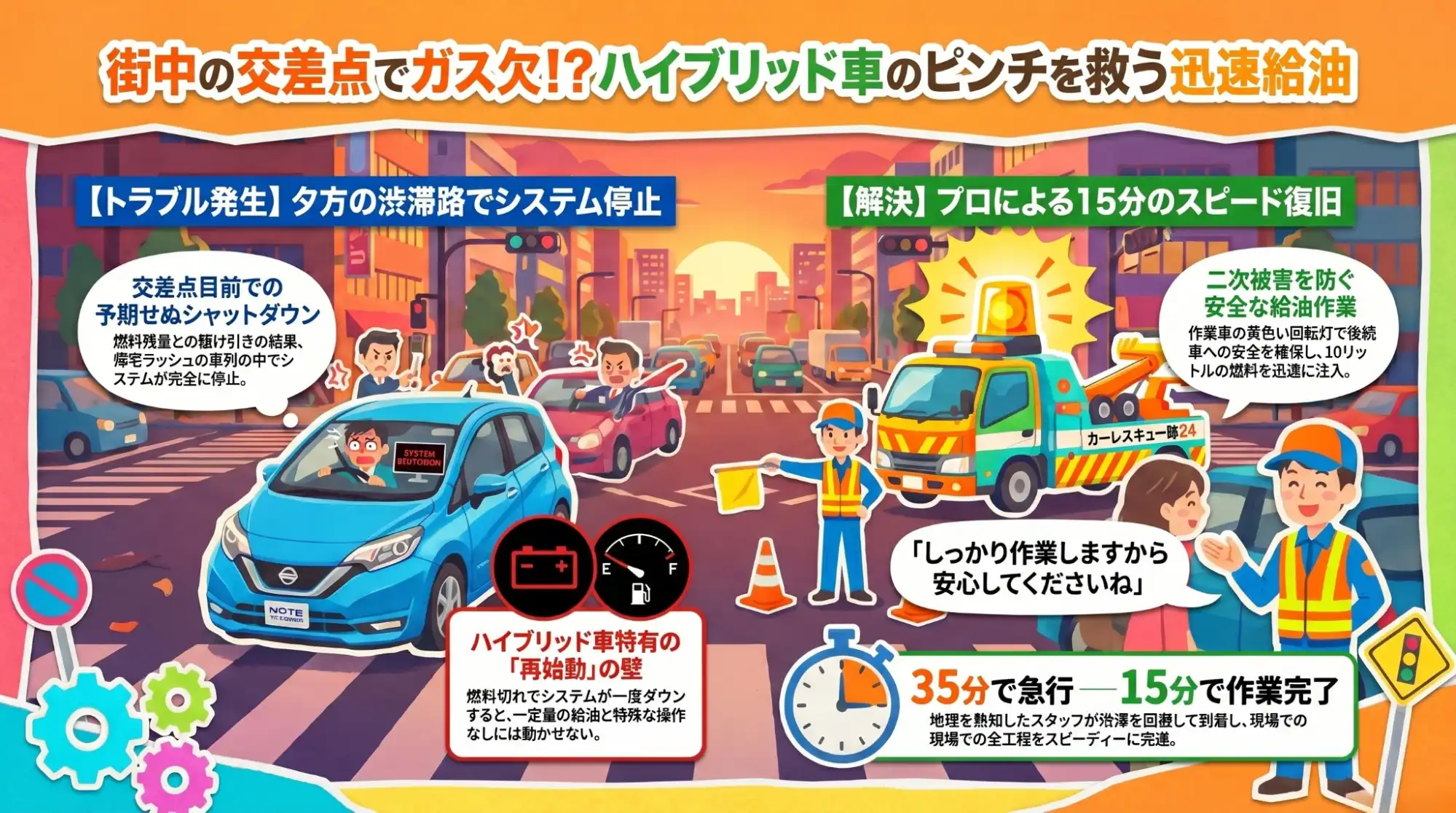 【三重県亀山市栄町】主要交差点の目前で沈黙。ハイブリッド車のガス欠を迅速な現場給油で解決