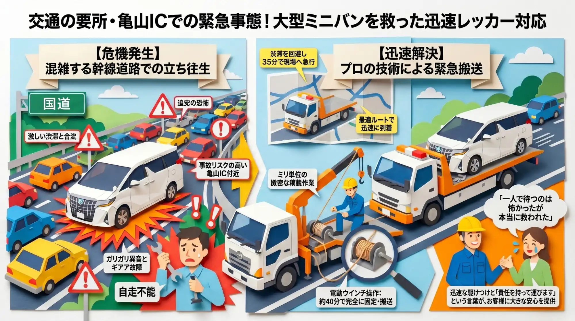 【三重県亀山市布気町】東名阪・亀山IC付近で異音。ミッショントラブルのアルファードを安全のため緊急搬送