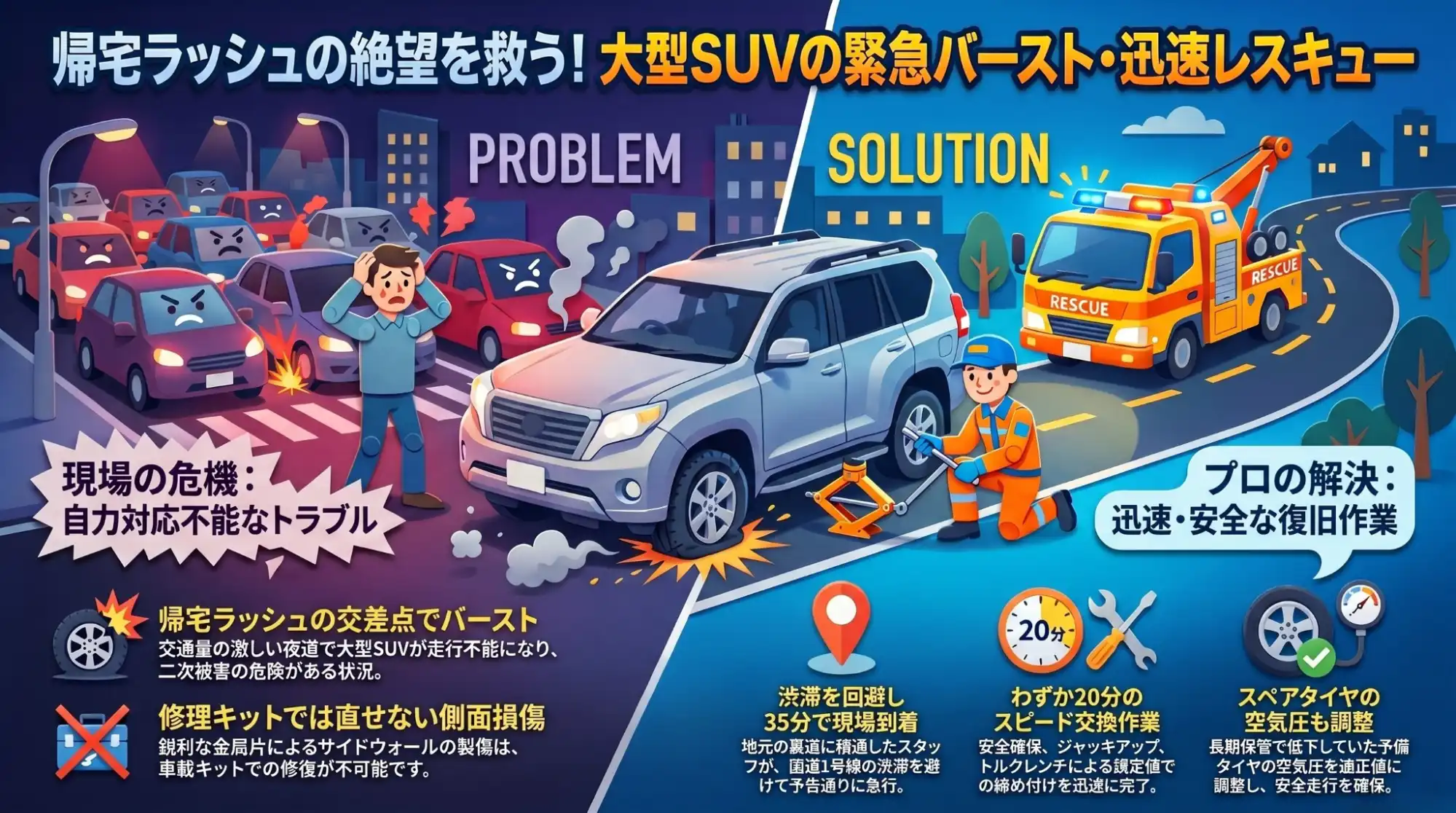 【三重県亀山市野村】帰宅ラッシュの交差点でバースト。重量級プラドのパンクをスペア交換で迅速救出