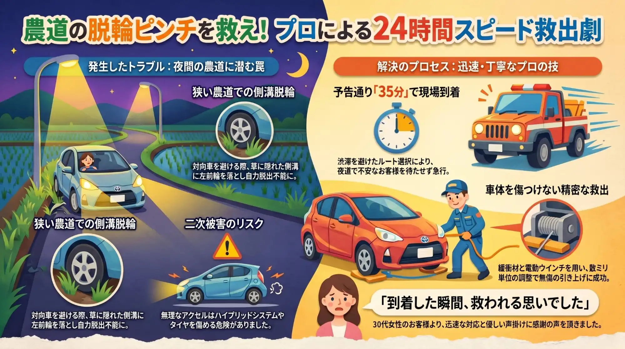 【三重県亀山市白川町】暮れなずむ農道で側溝へ脱輪。駆動輪が浮いたアクアをウインチで優しく救出