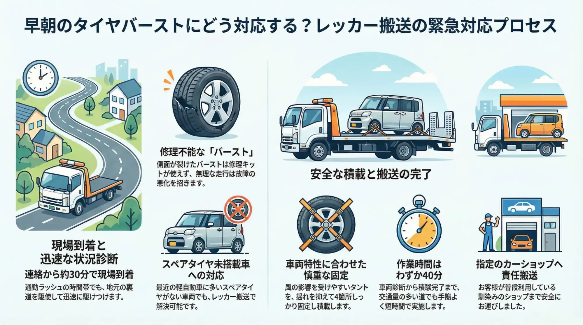 【三重県四日市市西日野町】早朝の通勤路で突然のタイヤバースト…タントを安全にレッカー搬送