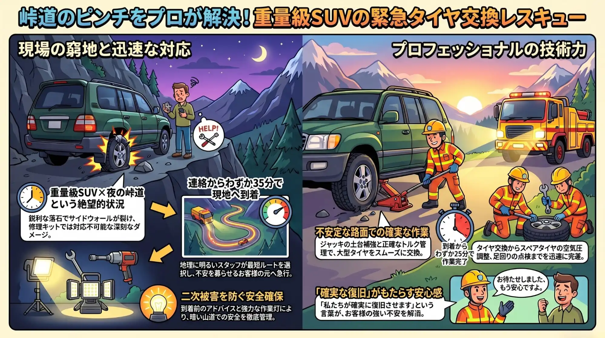 【三重県いなべ市藤原町】峠道の鋭利な落石でバースト。重量級SUVのタイヤ交換を山間部で完遂