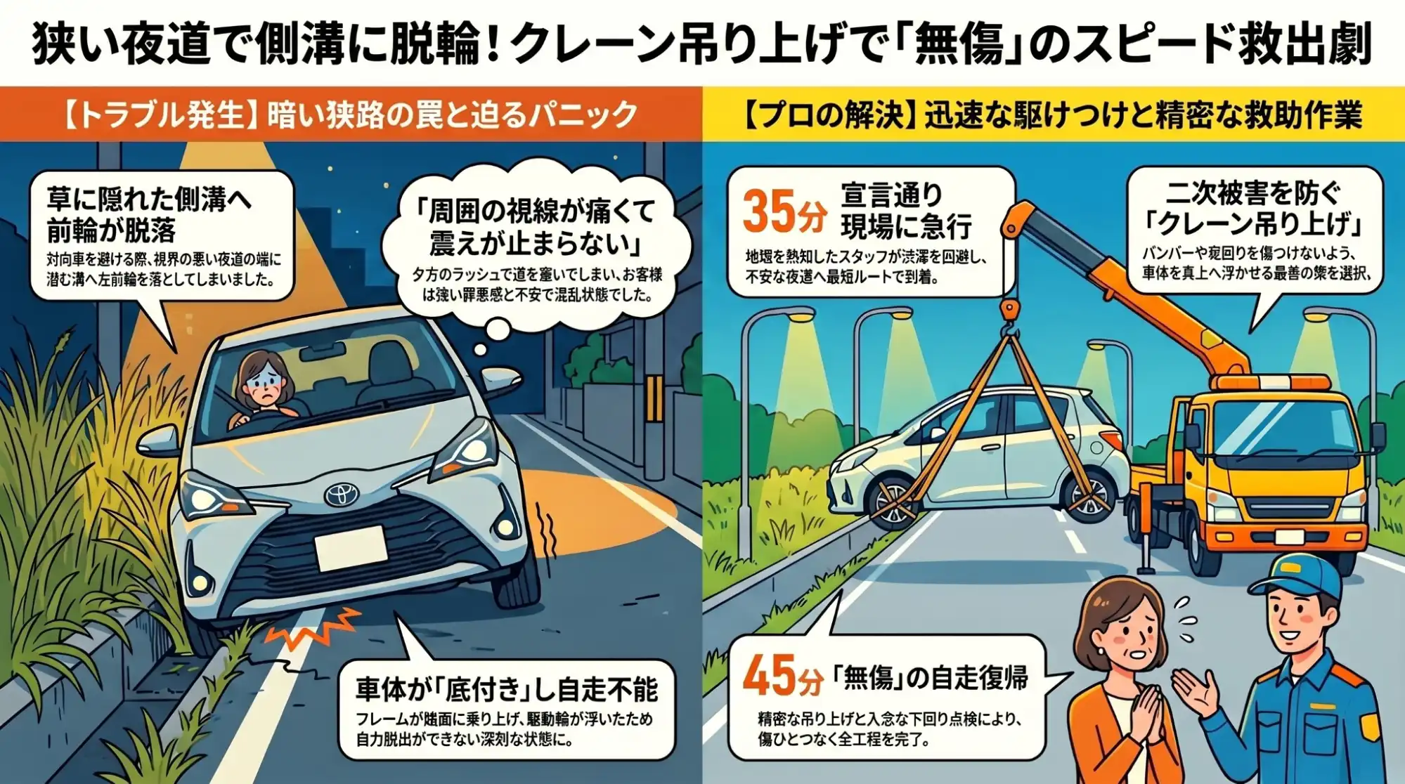 【三重県いなべ市大安町】暗がりの狭路で側溝へ。底付きしたヤリスをクレーン吊り上げで無傷救助