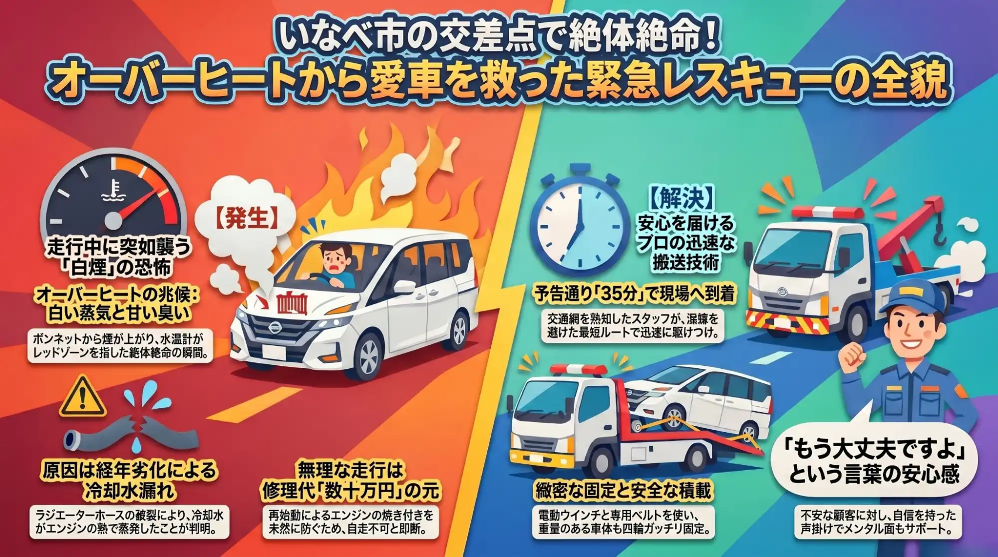 【三重県いなべ市員弁町岡丁田】交差点目前で白煙。ラジエーター破損のセレナをエンジンの致命傷前に緊急搬送