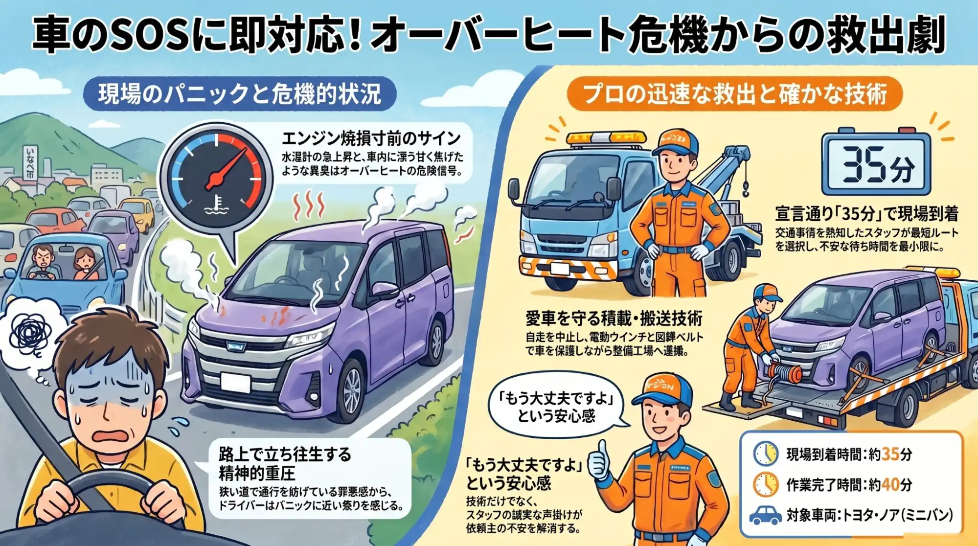 【三重県いなべ市北勢町】阿下喜駅周辺でノアが立ち往生。冷却水漏れによるオーバーヒートをレッカー搬送で未然に防ぐ