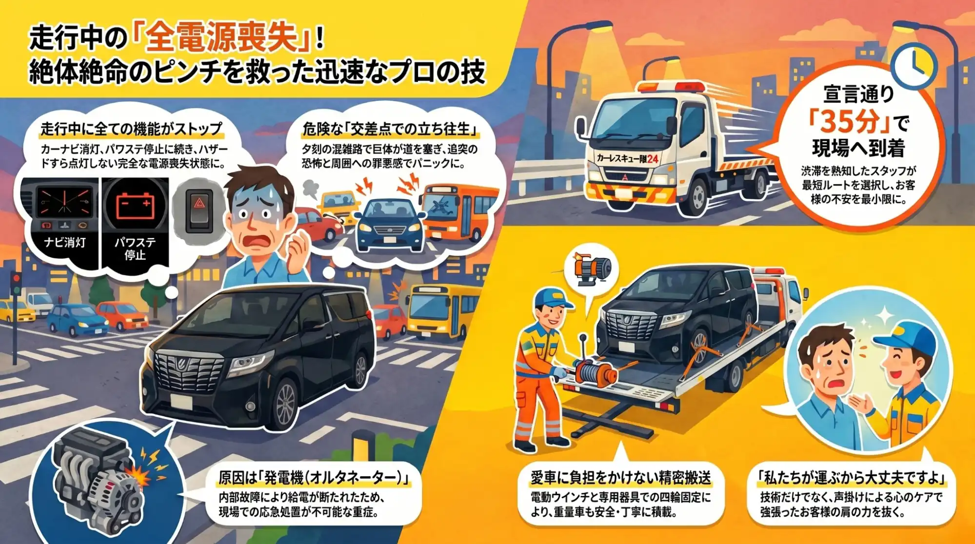 【三重県津市乙部】住宅街の交差点でアルファードが全電源喪失。発電機故障の重量車を積載車で安全搬送