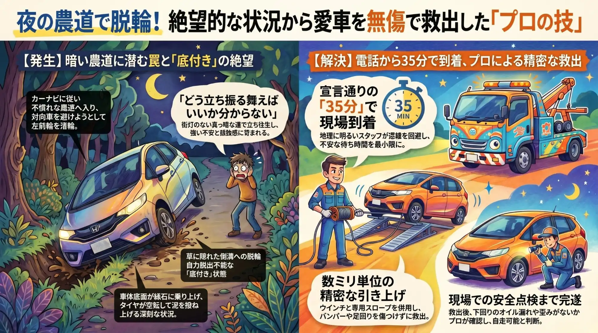 【三重県津市安濃町】農道の草に隠れた側溝へ脱輪。底付きしたフィットを専用機材で慎重に救出