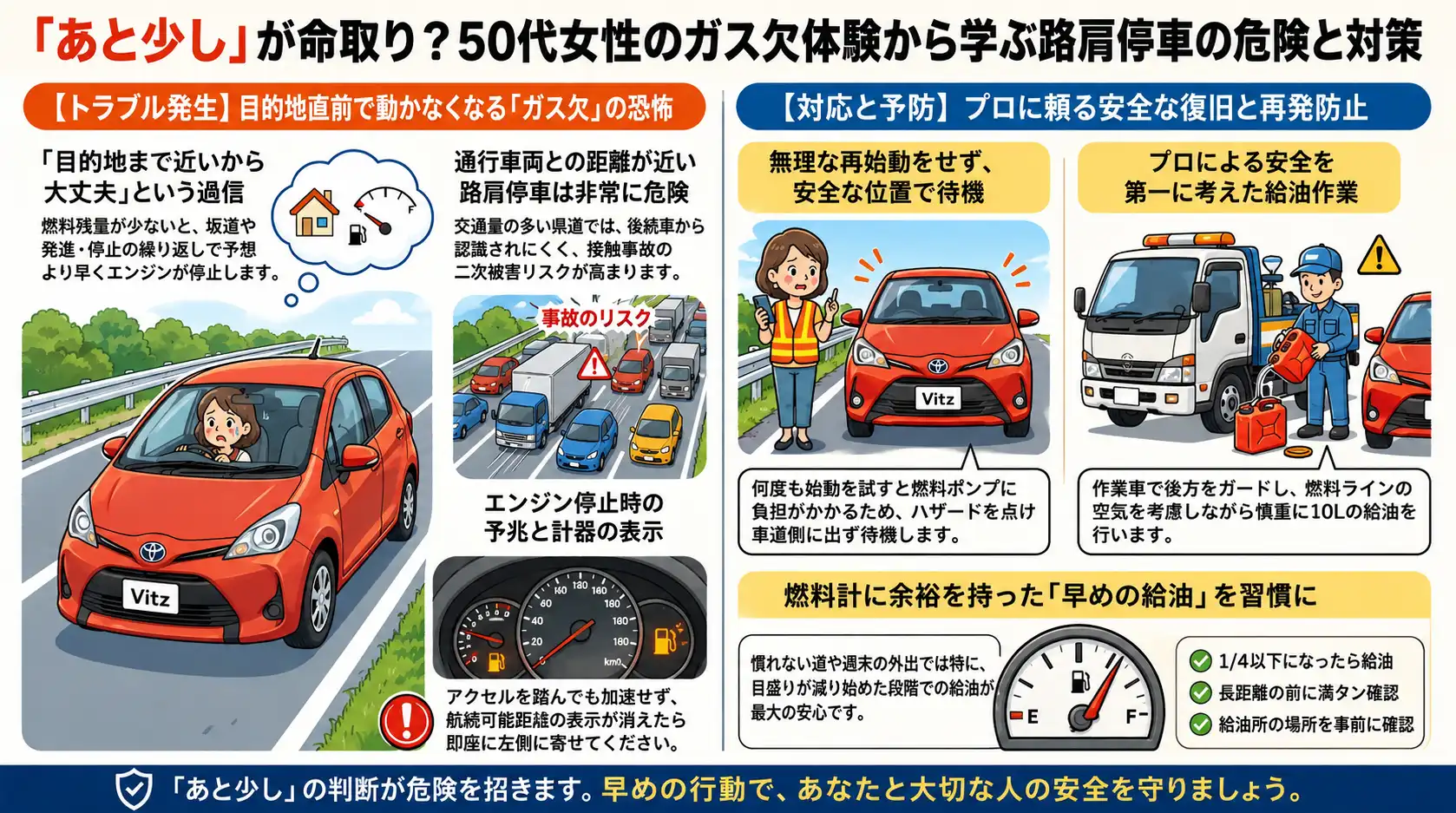【愛知県あま市七宝町桂】トヨタ・ヴィッツが燃料切れ。県道沿いの路肩で行ったガス欠対応事例