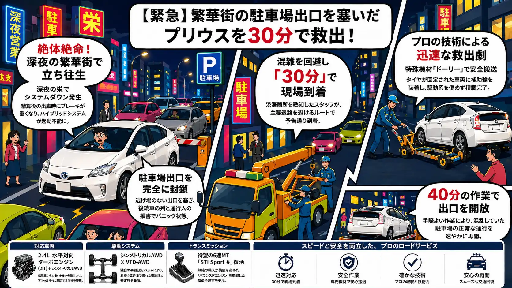【名古屋市中区栄】深夜の繁華街でプリウスがシステムダウン。駐車場出口を塞いだ車両を積載搬送