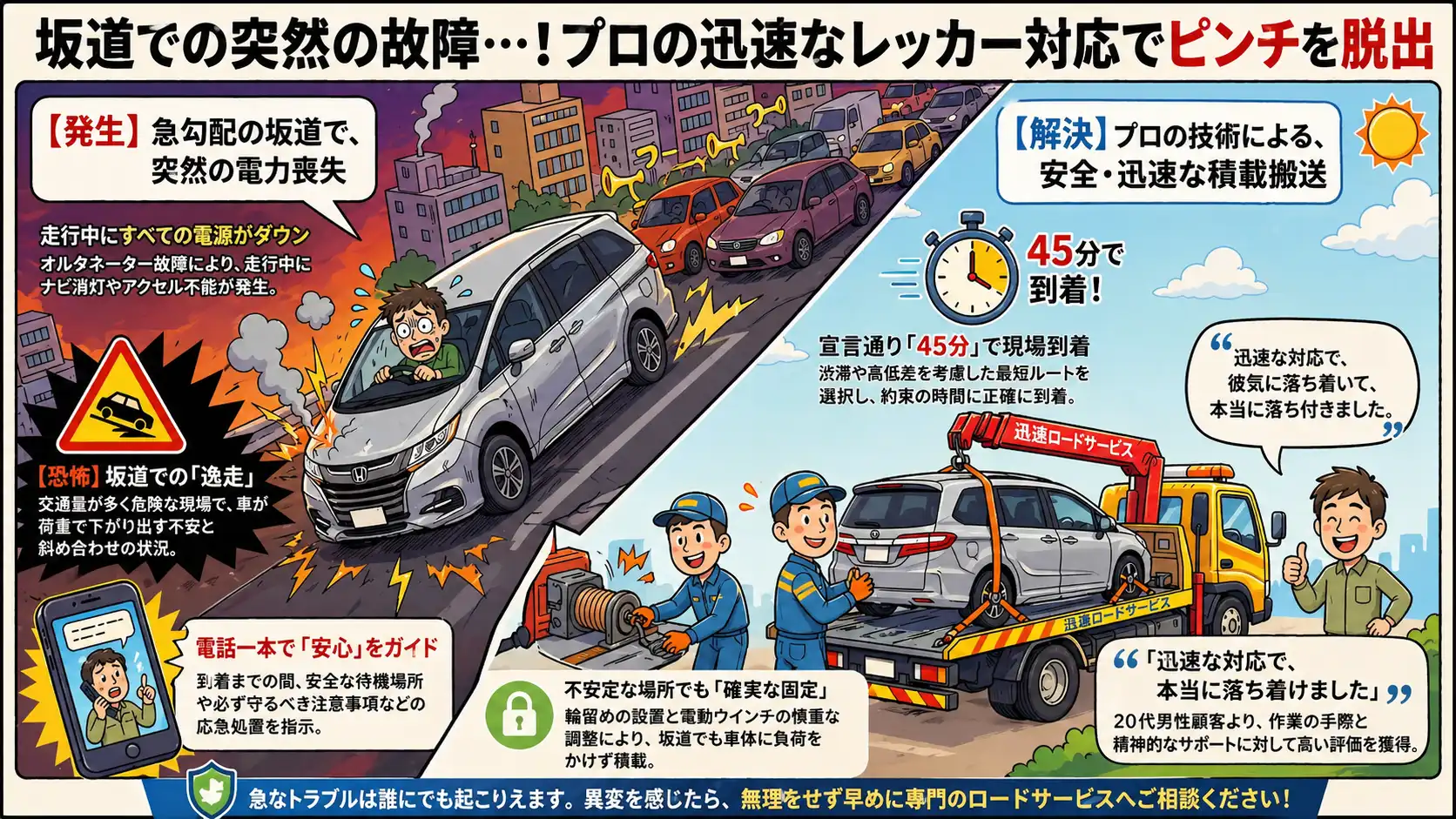 【名古屋市千種区星が丘】急勾配の途中で電力喪失。発電機故障のオデッセイを坂道から安全に積載搬送