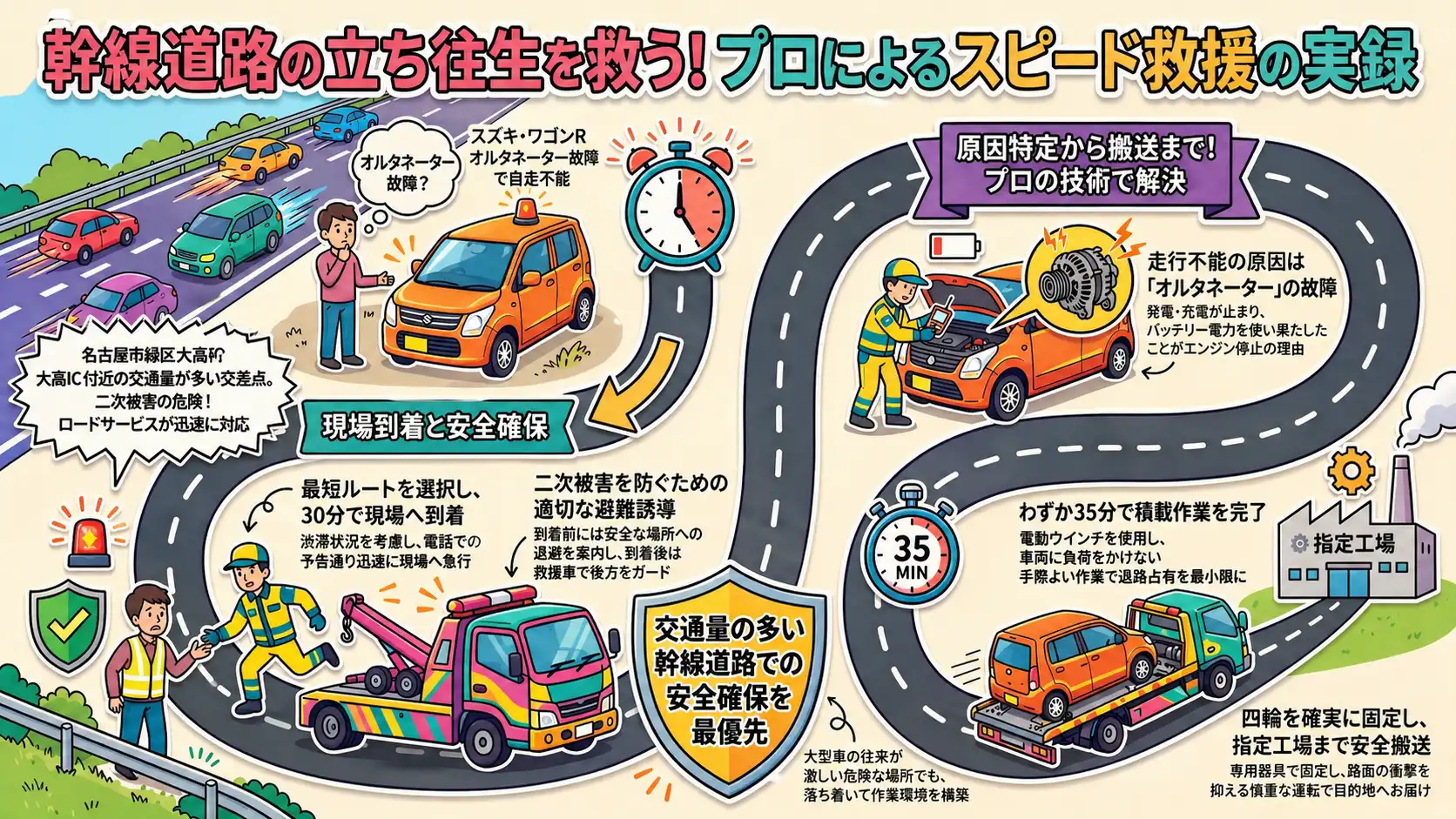 【名古屋市緑区大高町】大高IC付近で電装系故障。自走不能となったワゴンRを整備工場へ積載搬送