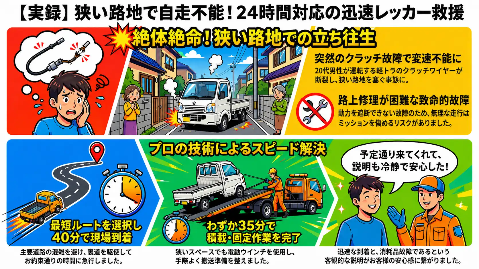 【茨城県つくば市谷田部】細い路地でクラッチ故障。自走不能のスズキ・キャリイを修理工場へ搬送