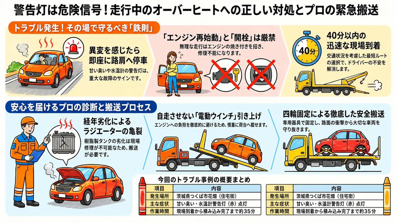 【茨城県つくば市花畑】走行中に水温計の警告灯が点灯。ラジエーター破損のデミオを保護のため緊急搬送