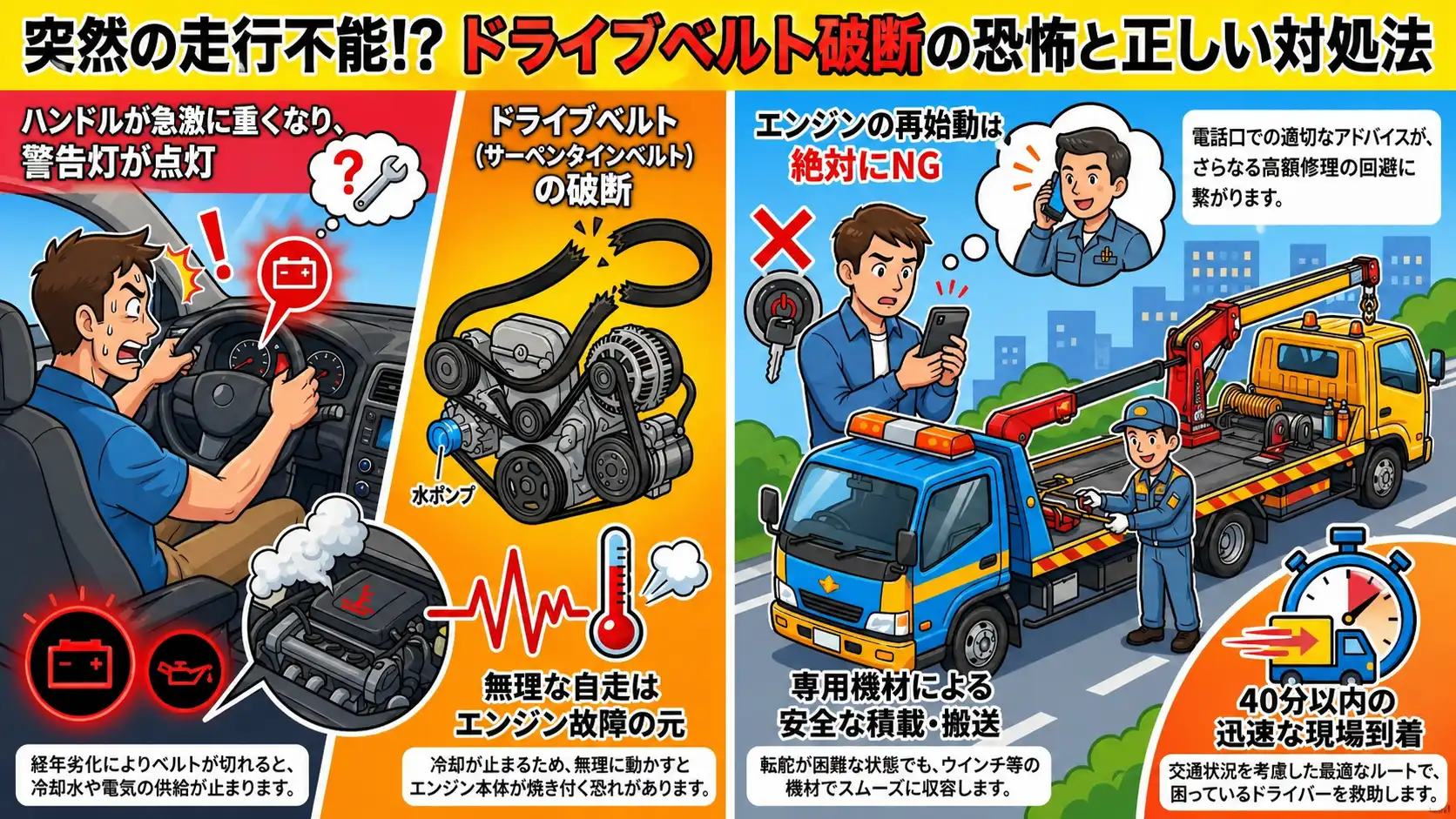 【茨城県つくば市松代】ドライブベルト破断によりパワステ・発電機能が喪失。走行不能のマツダ・アテンザを搬送