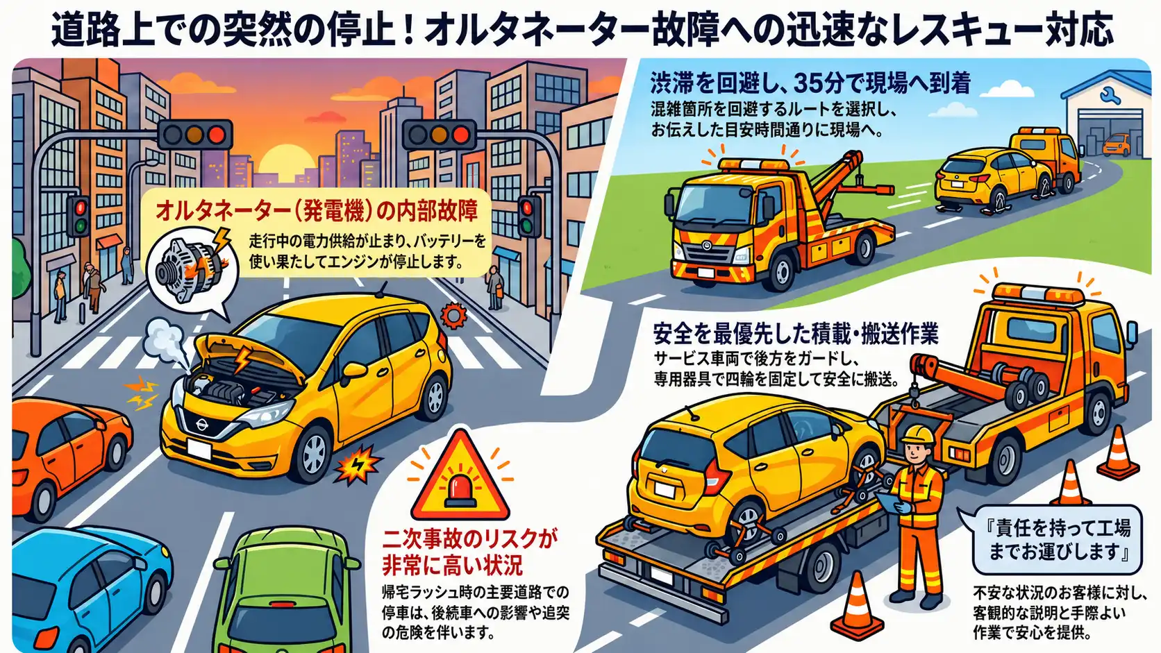【茨城県つくば市吾妻】交差点でシステム停止。オルタネーター故障の日産ノートを積載搬送