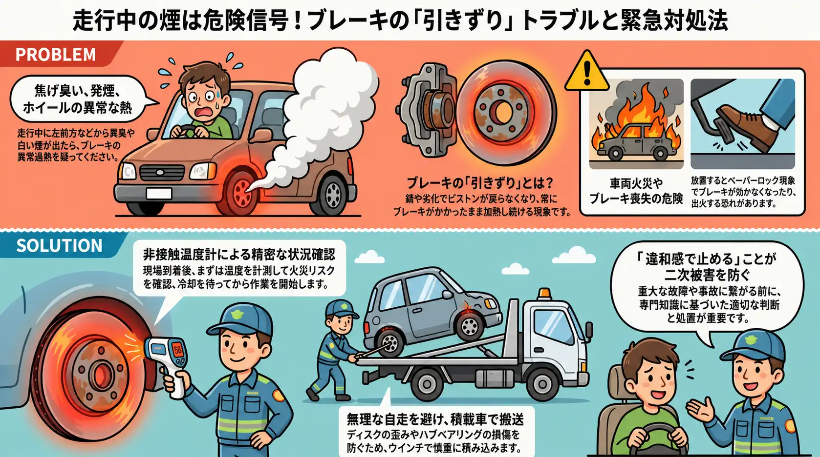 【茨城県土浦市】ブレーキの引きずりによる過熱と発煙。走行不能の日産・ノートを積載搬送
