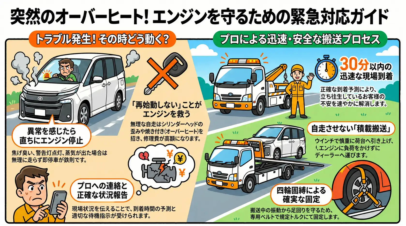 【茨城県龍ケ崎市】ラジエーターファン故障によるオーバーヒート。自走不能のトヨタ・ヴォクシーを積載搬送