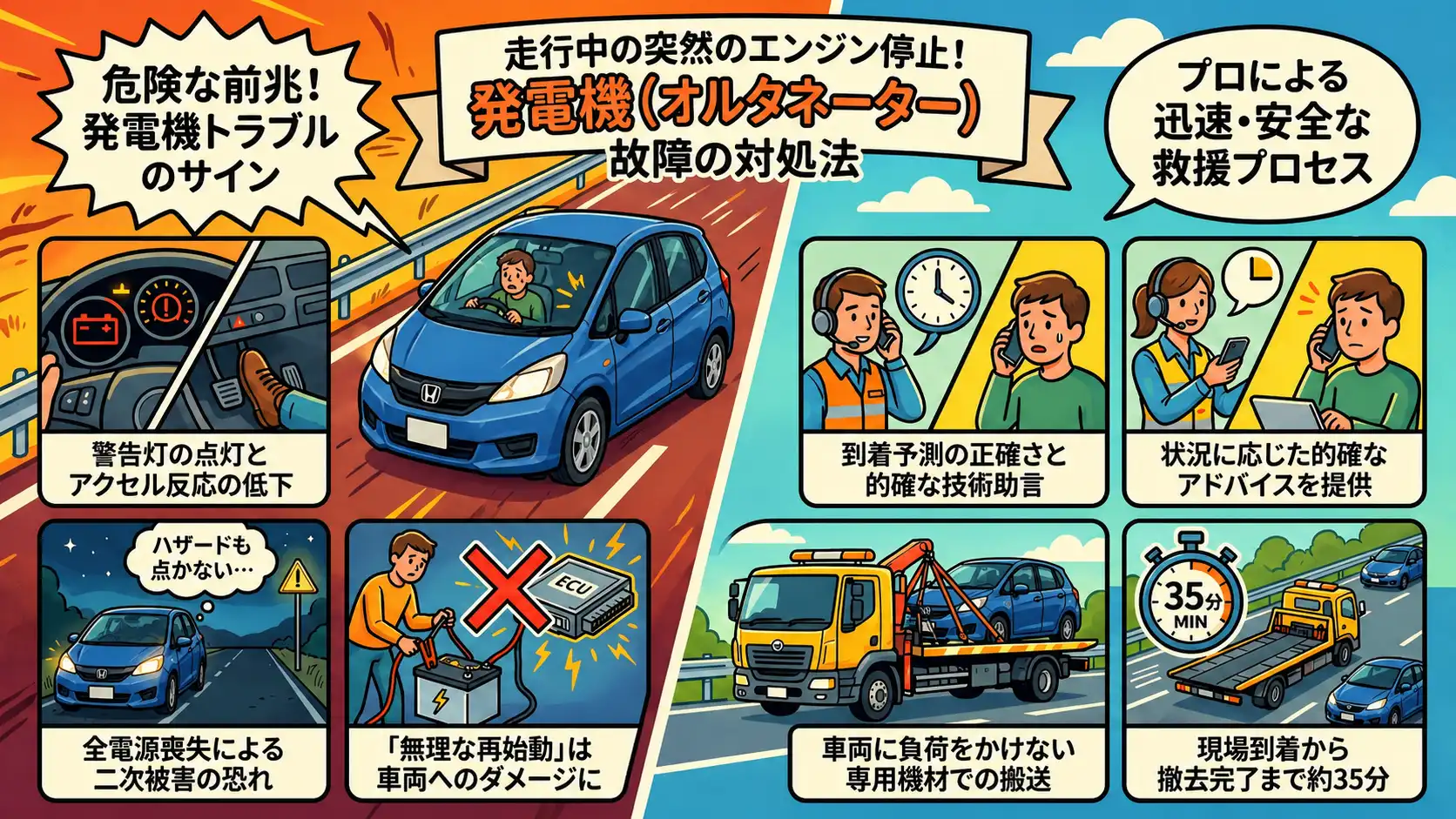 【茨城県常総市】走行中の電装系ダウンによるエンジン停止。発電機故障のホンダ・フィットを整備工場へ搬送