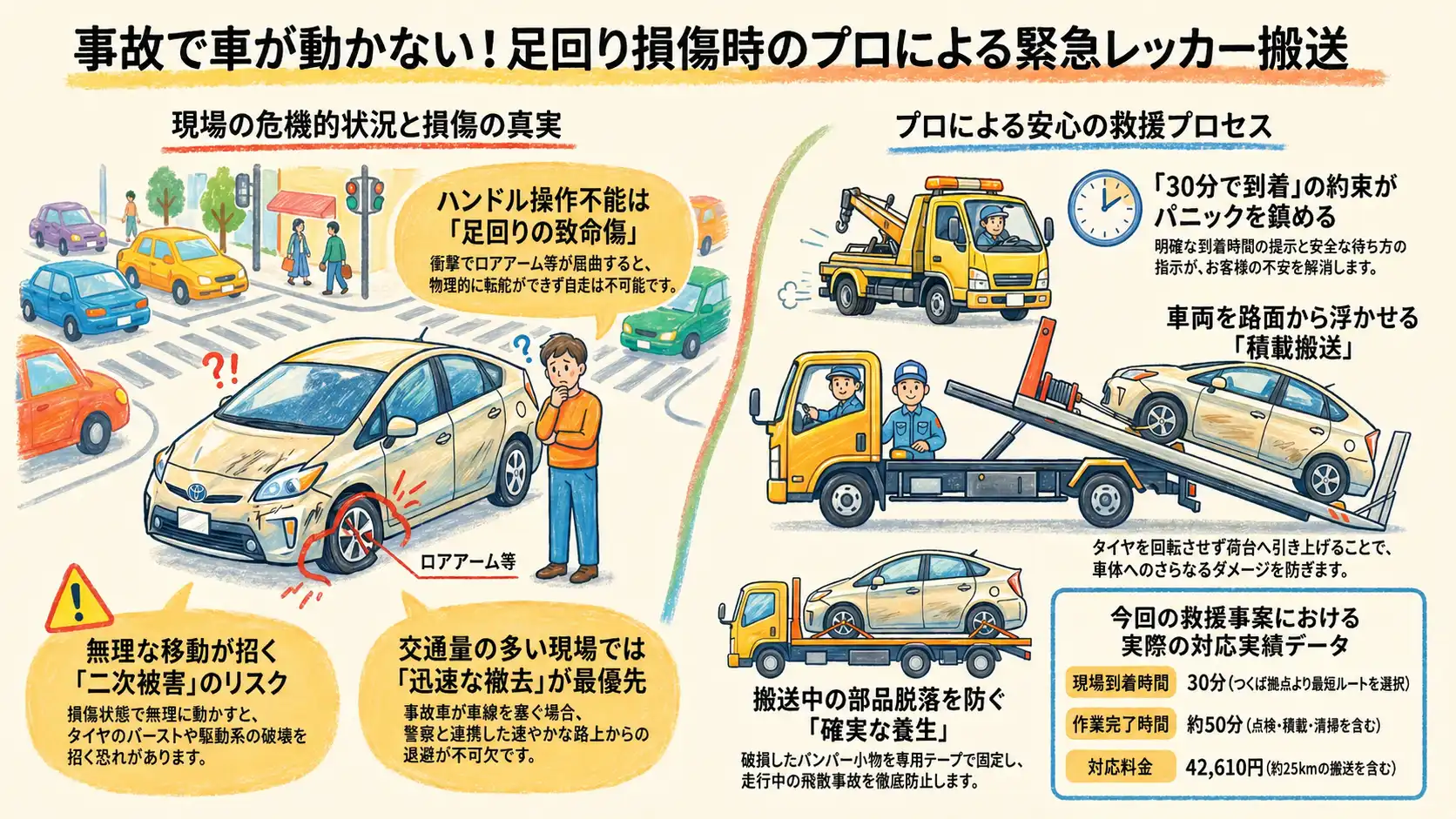【茨城県土浦市下高津】交差点での側面衝突により自走不能。足回りを損傷したトヨタ・プリウスを積載搬送