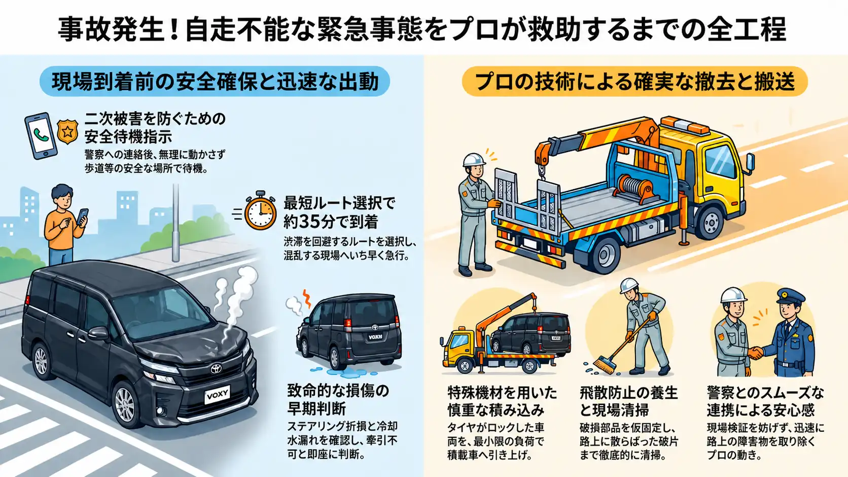 【茨城県常総市水海道亀岡町】交差点での衝突により足回りを損傷。自走不能のトヨタ・ヴォクシーを積載搬送
