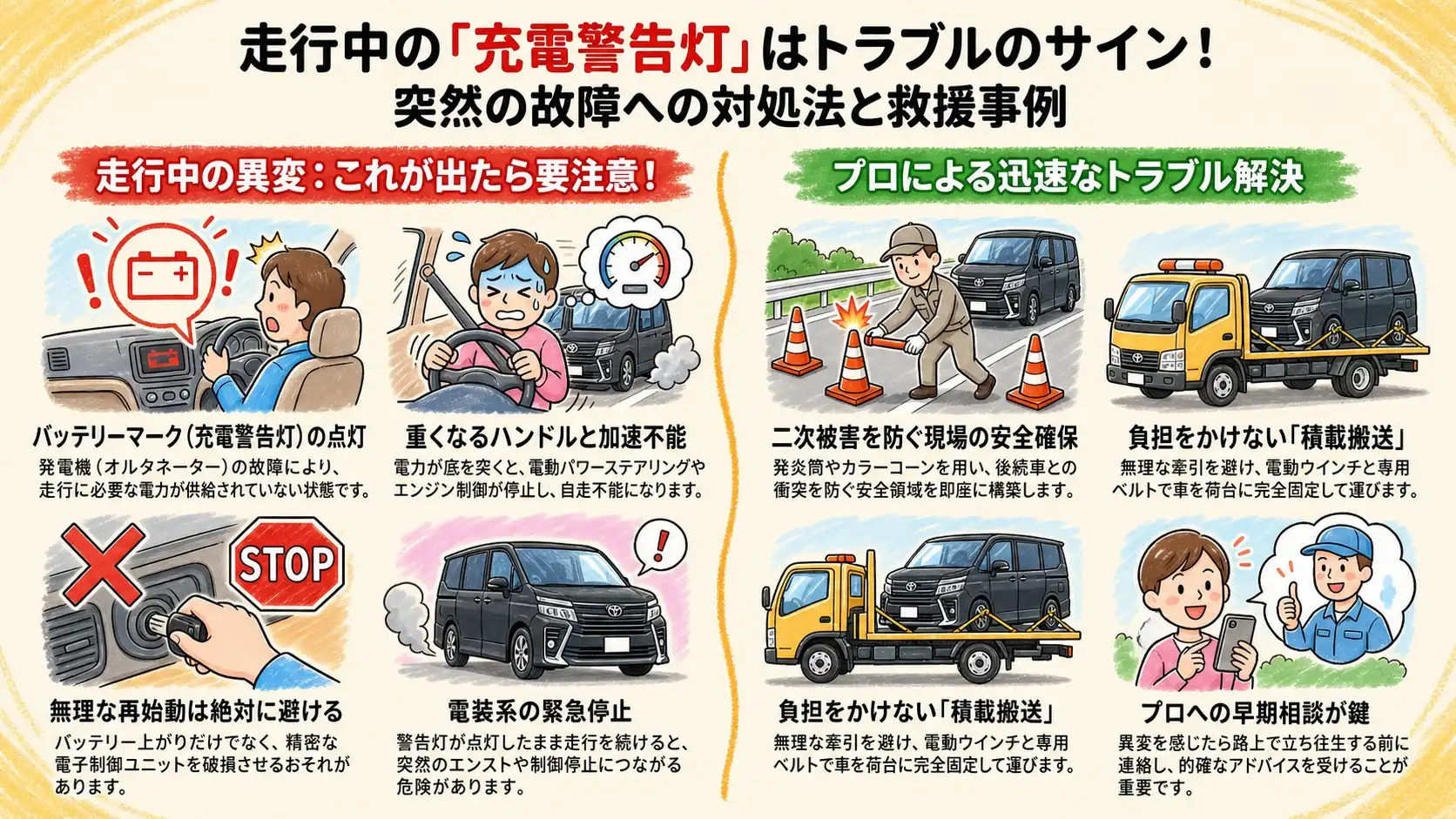 【茨城県土浦市中貫】大型連休中の電気系統トラブル。走行中に充電警告灯が点灯し停止したトヨタ・ヴォクシーを積載搬送