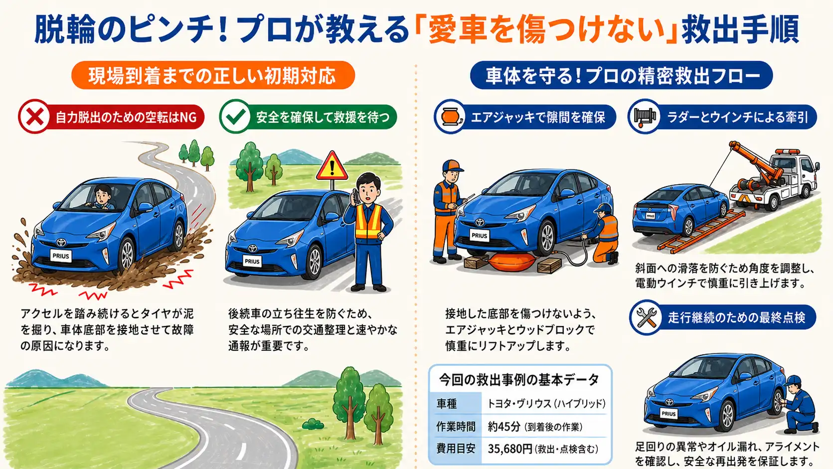 【茨城県龍ケ崎市河原代町】狭路での回避時に左前輪が脱輪。車体底部へのダメージを抑えたトヨタ・プリウスの救出事例