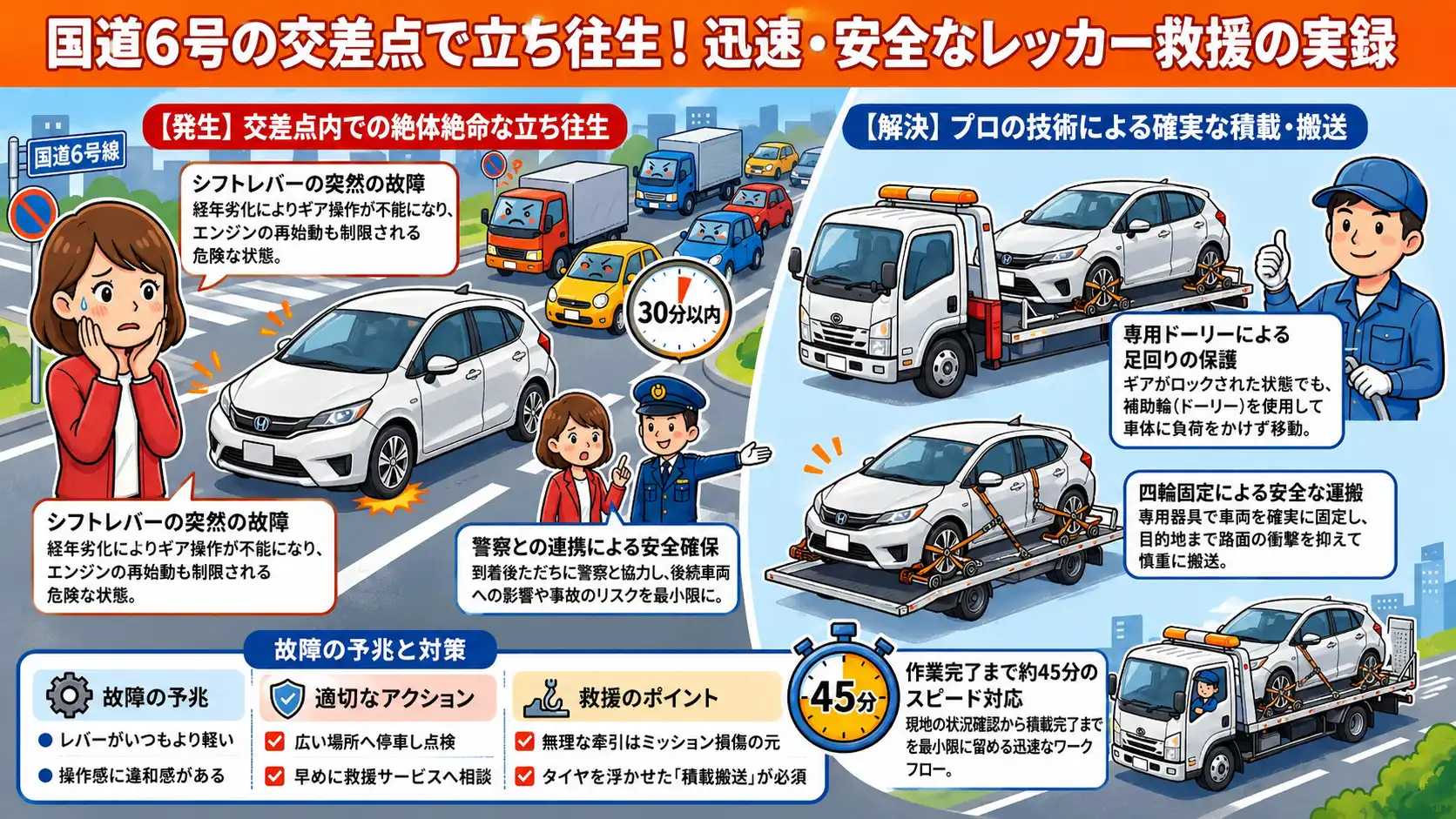 【茨城県取手市取手】国道6号の交差点内でシフト故障。変速不能となったハリアーを積載搬送