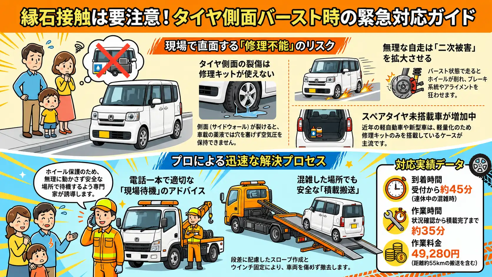 【茨城県下妻市大宝】縁石接触によるタイヤ側面バースト。修理キット使用不可のためホンダ・N-BOXを積載搬送